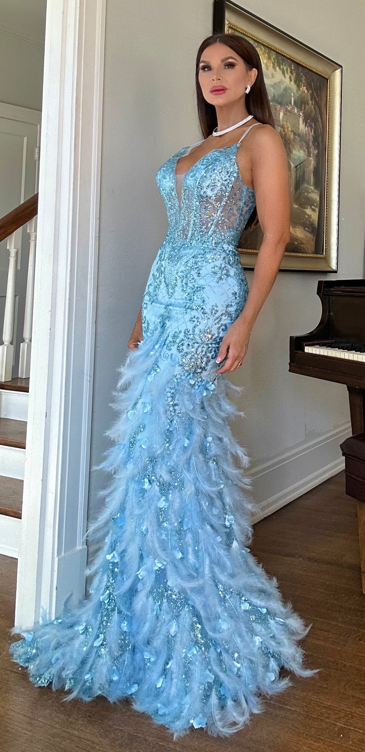 Marlo Dusty Blue mermaid gown with feather details
