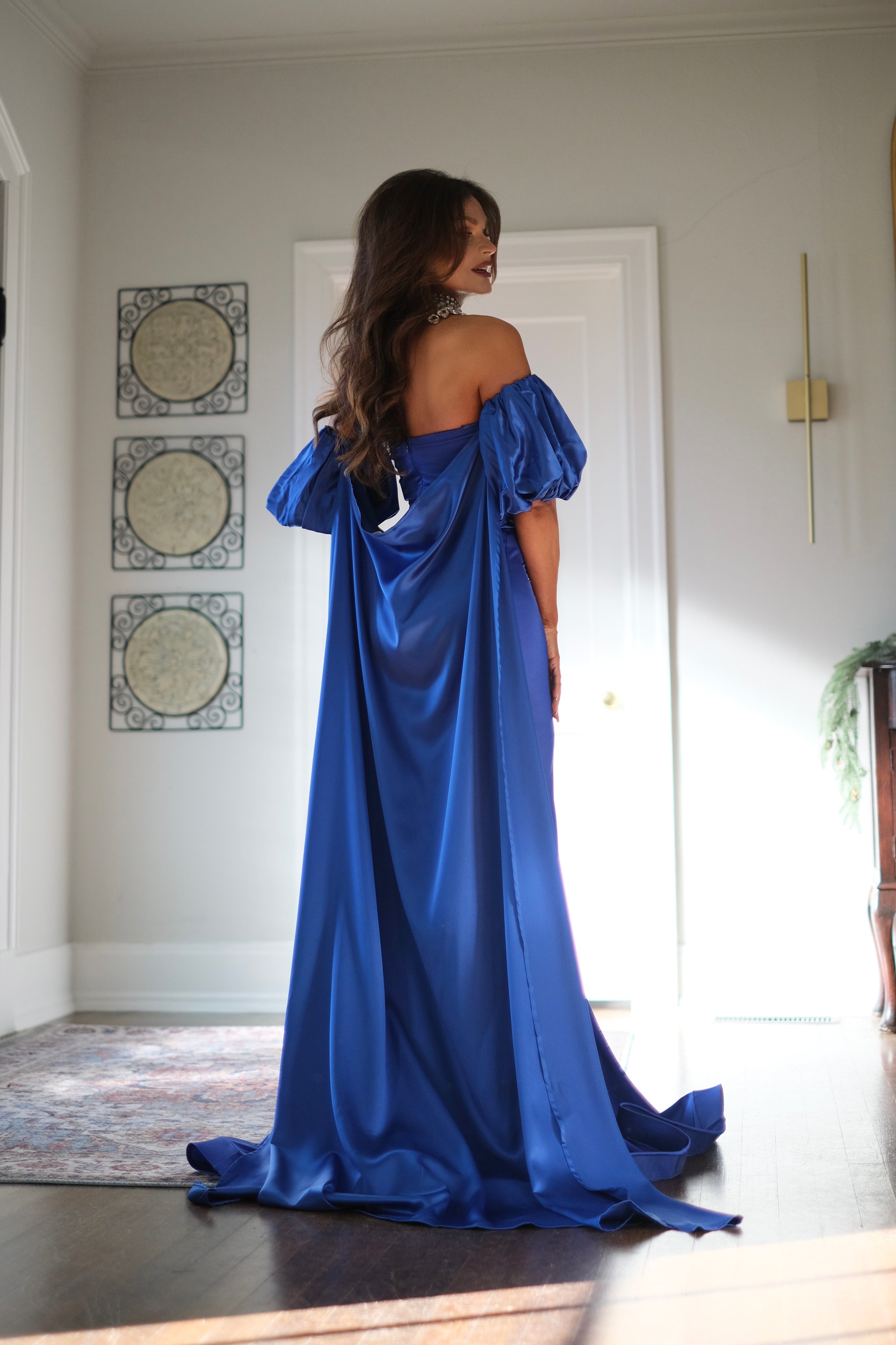 Luna royal blue strapless formal with slit and cape