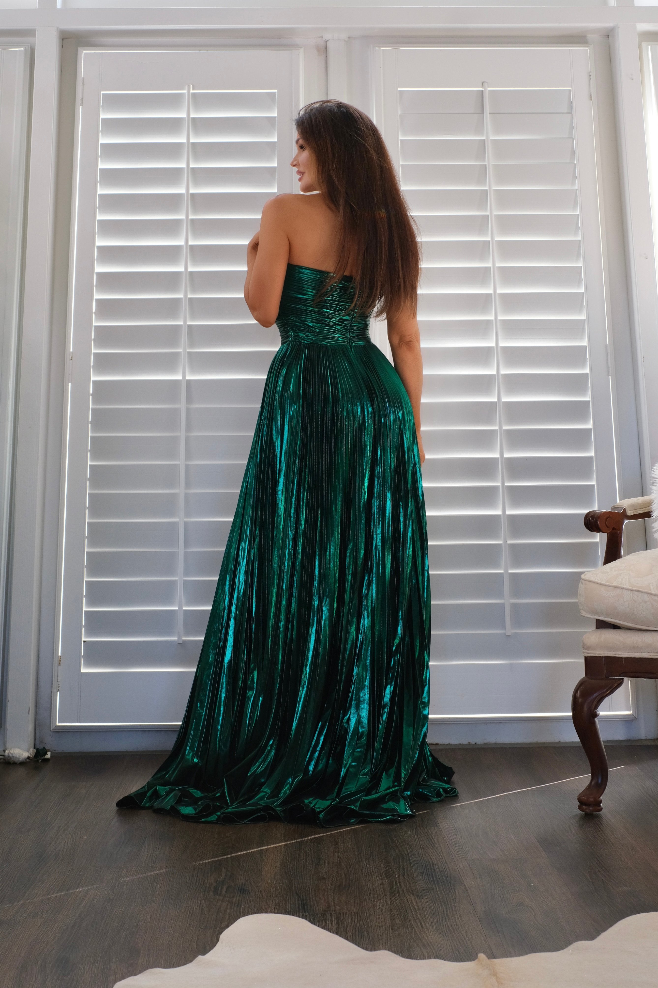 Janet emerald metallic formal with slit