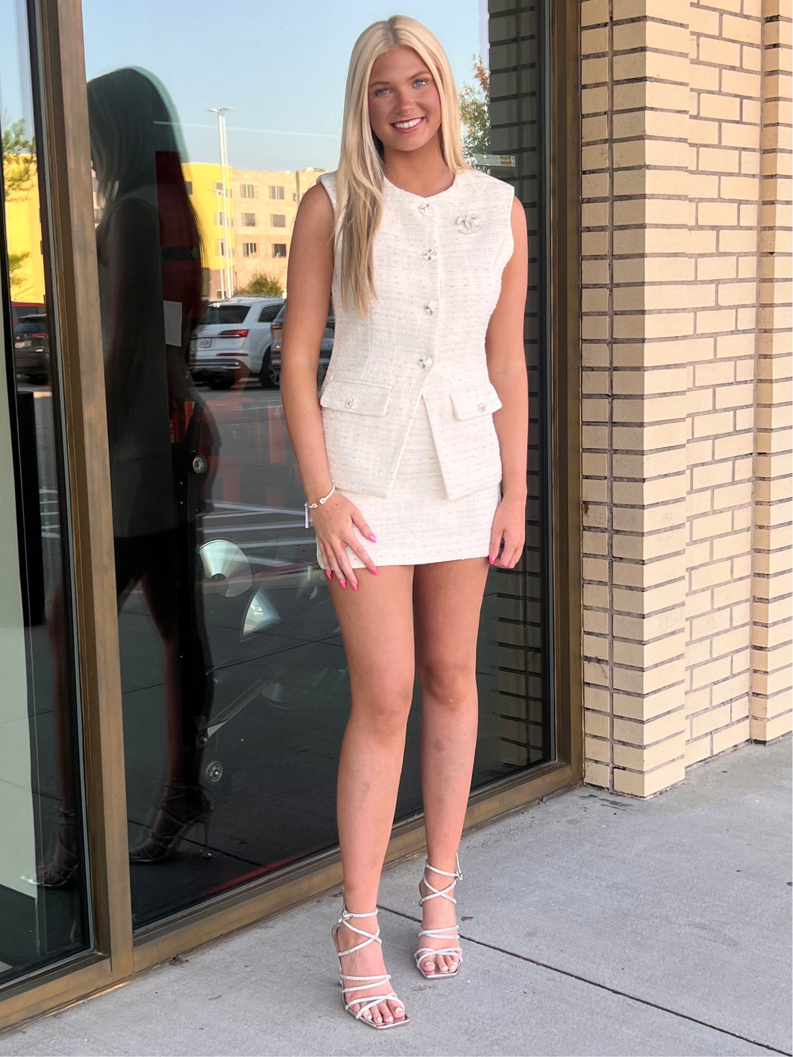 Caroline Cream Tweed Jewel Button Mini Skirt