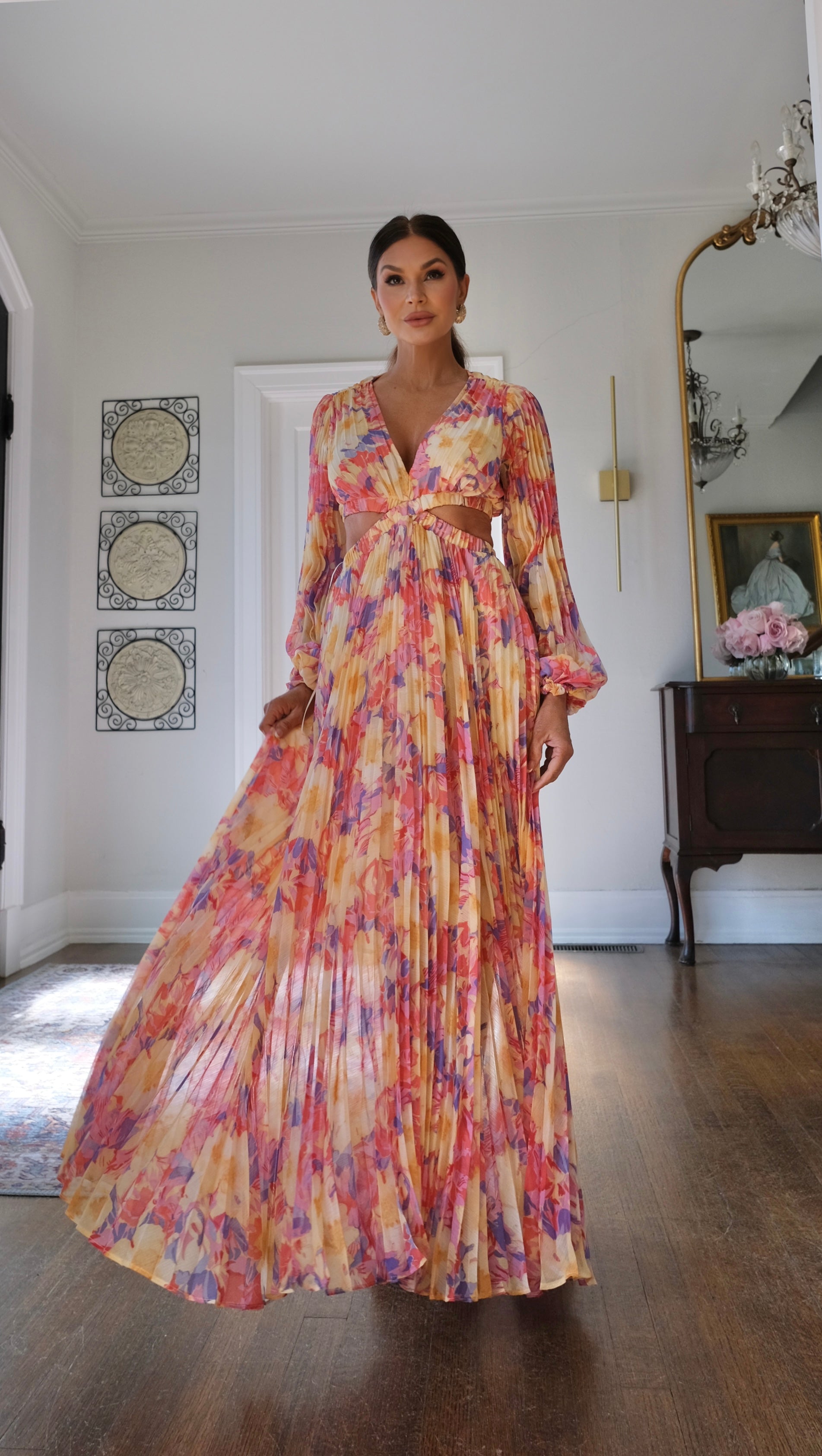 Revery yellow pink floral pleats maxi dress with cut outs