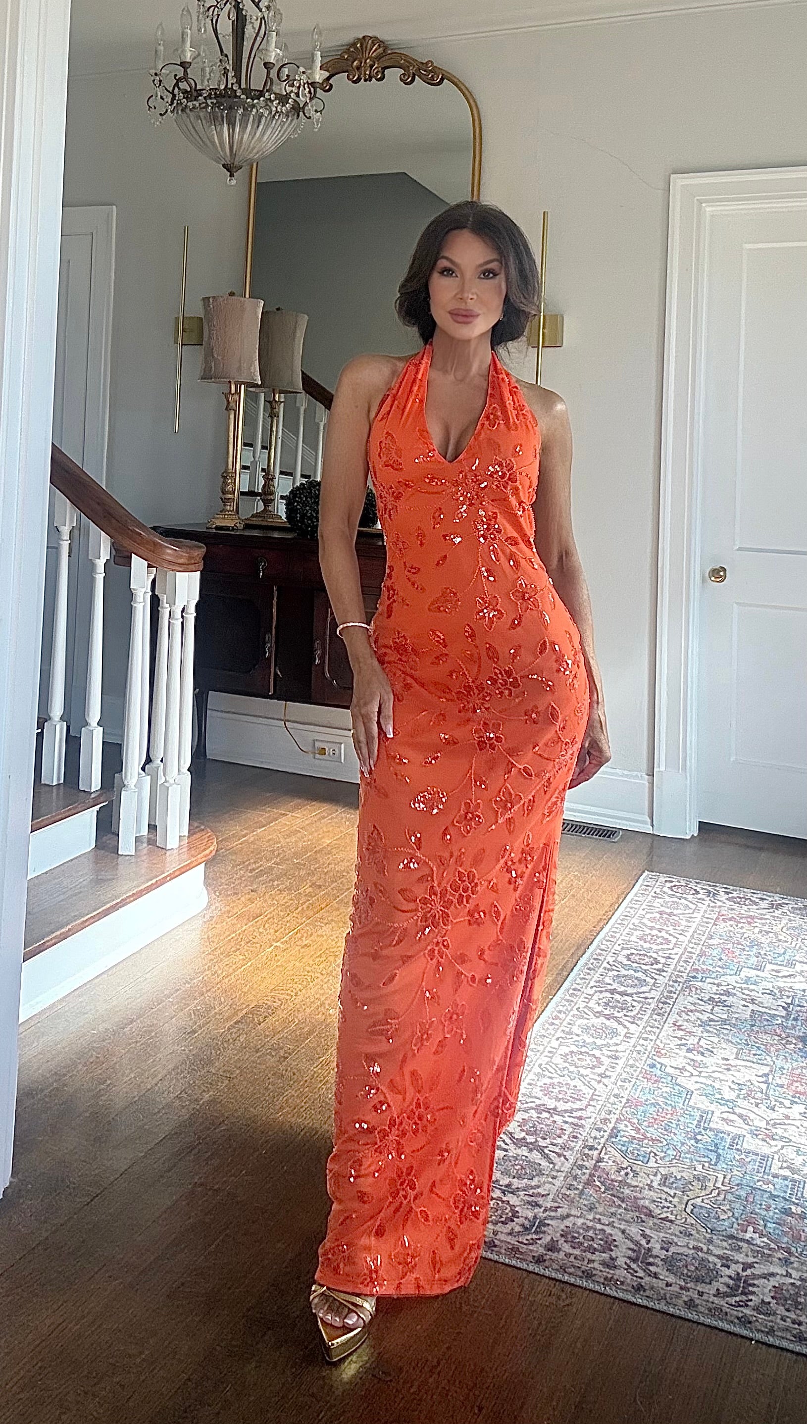 Olandria Orange Sequin Halter Backless Formal