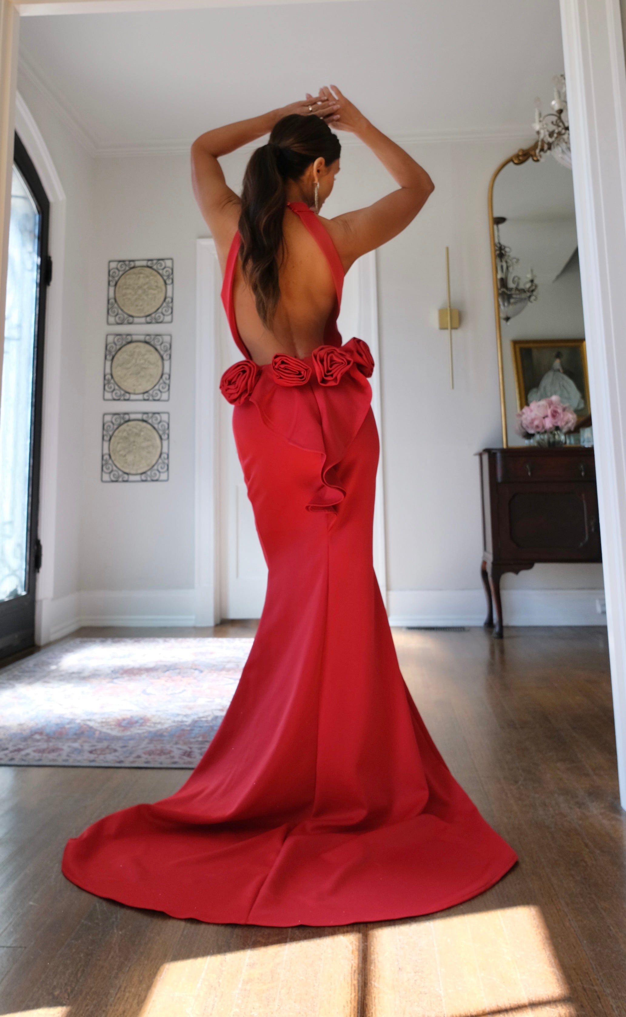 Coco red backless halter mermaid formal dress