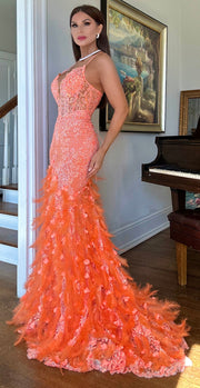 Marlo Flame Orange mermaid gown with feather details