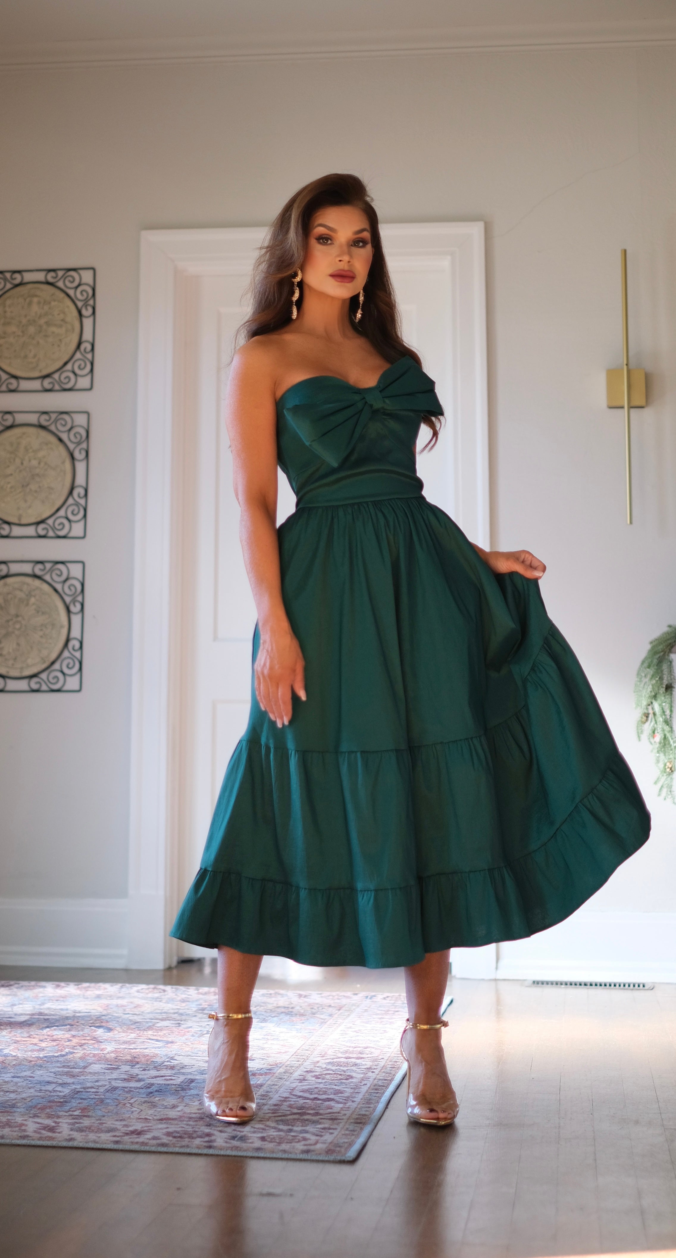 Cindy Hunter Green Strapless Midi Dress with Bow Detail