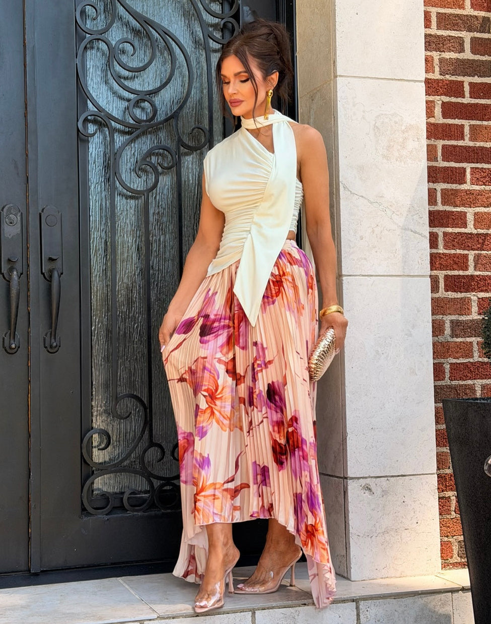 Kilah Cream Floral Pleated Maxi Skirt