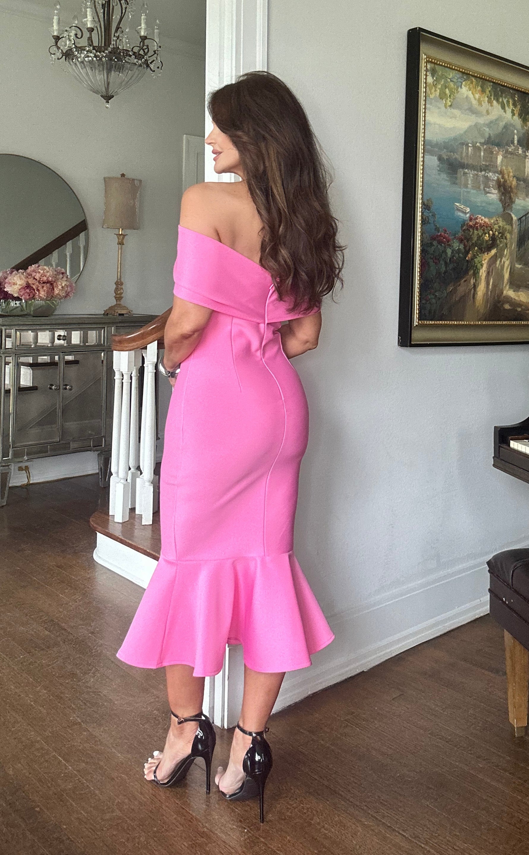 Barbie pink bow off shoulder bandage midi dress