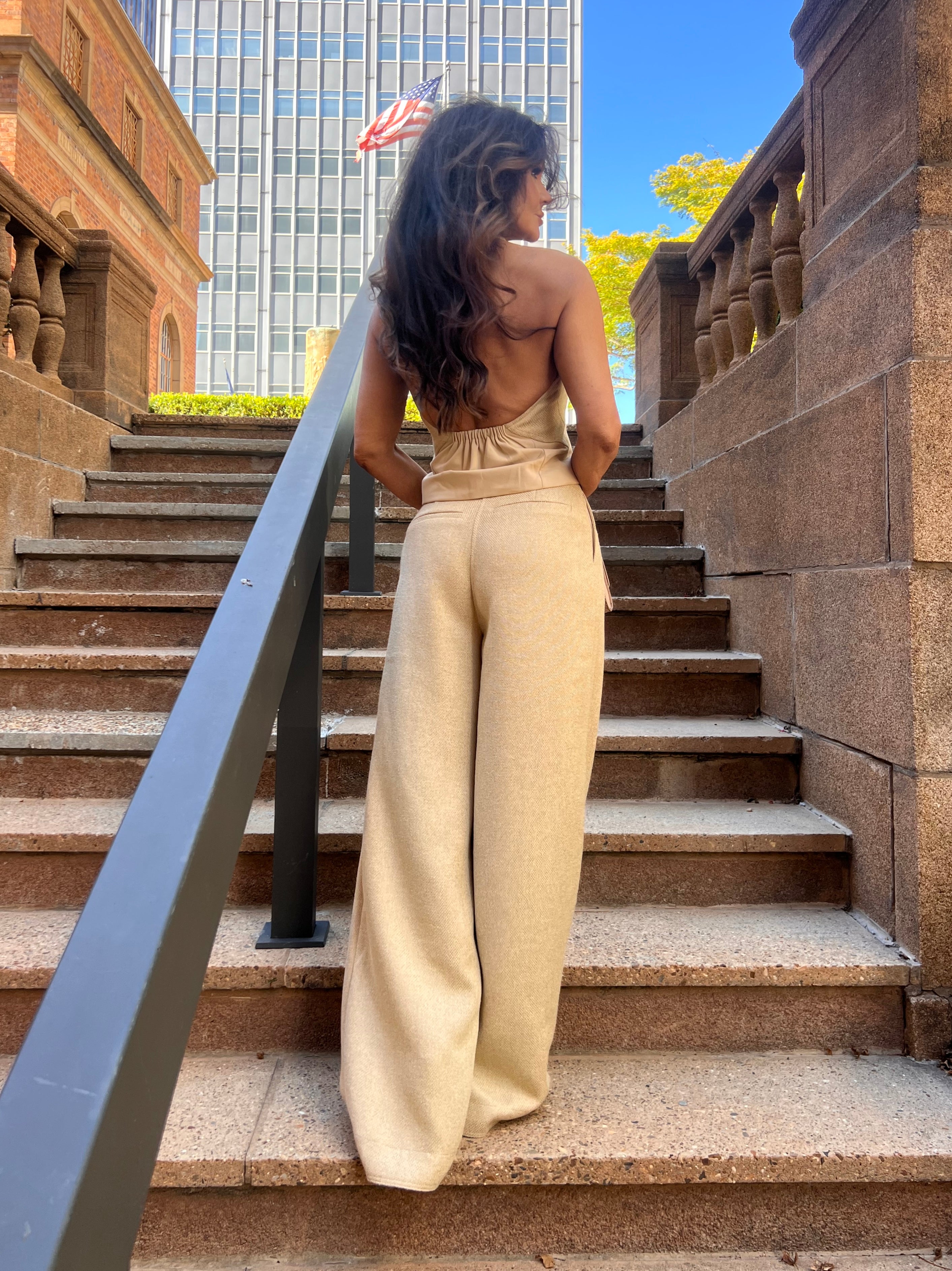 Alani Wheat Tweed Pleated Trouser With Pockets