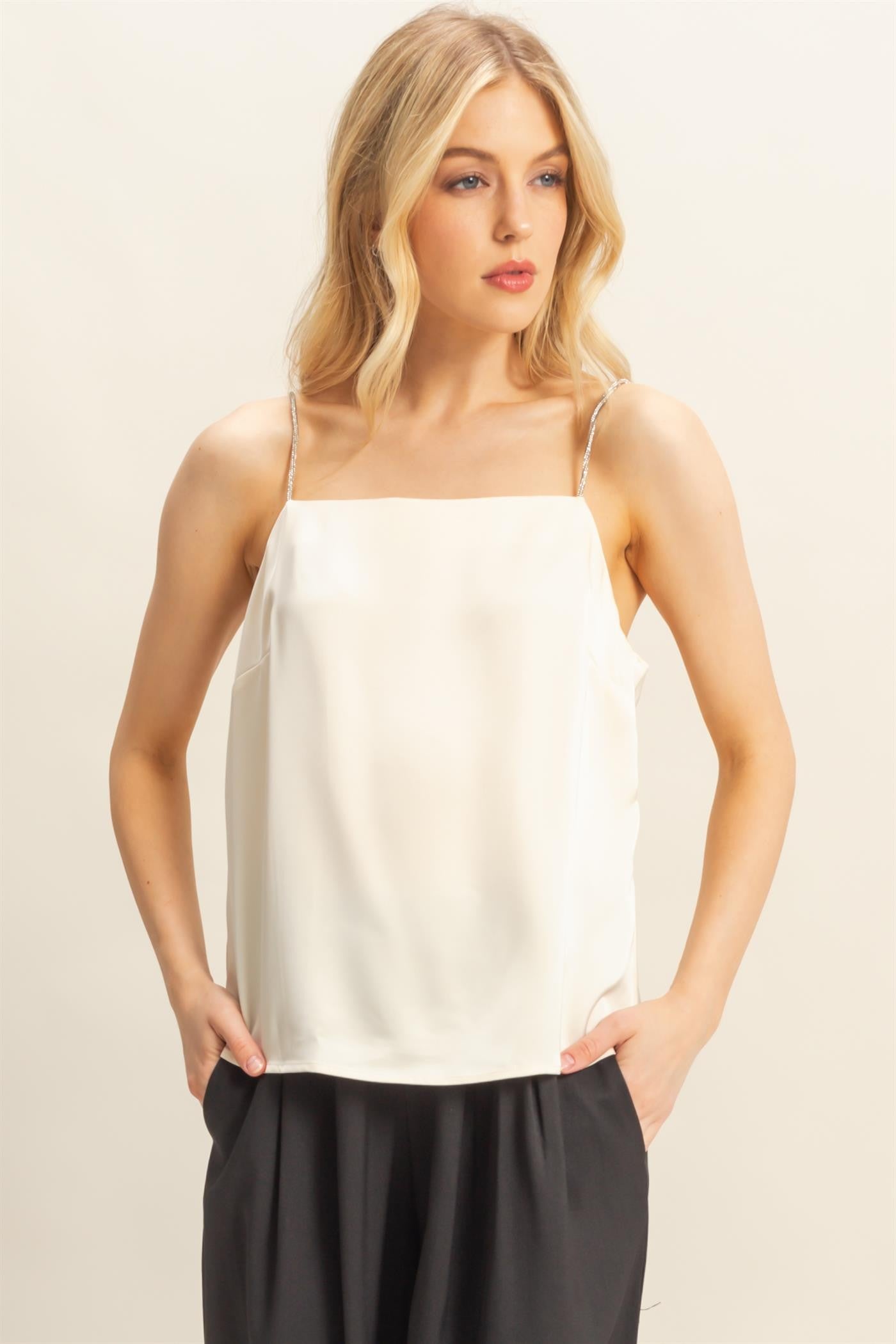 Shelli Cream Satin Cami With Rhinestone Straps