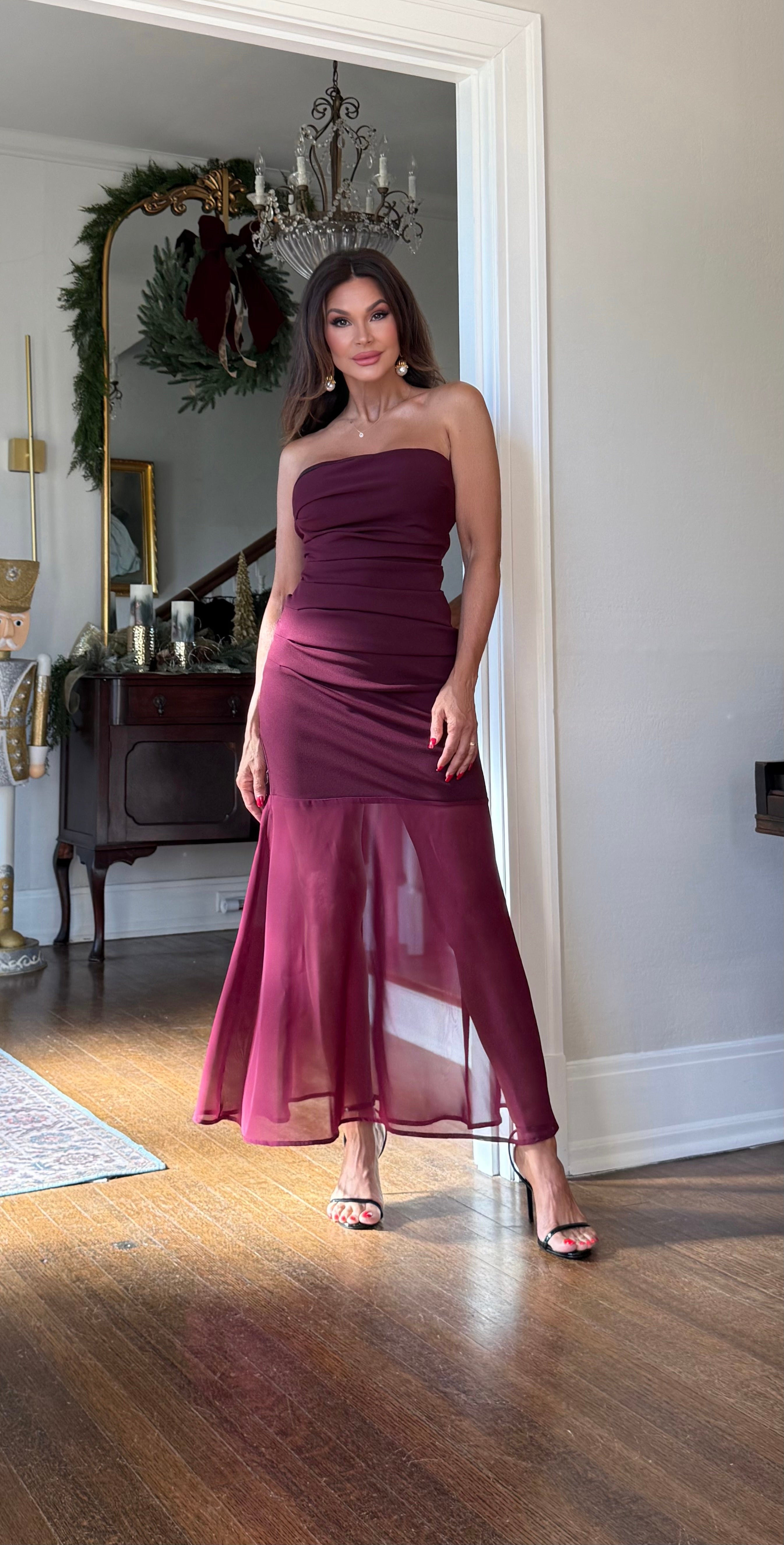 Cora Burgundy Strapless Midi Dress With Shear Bottom
