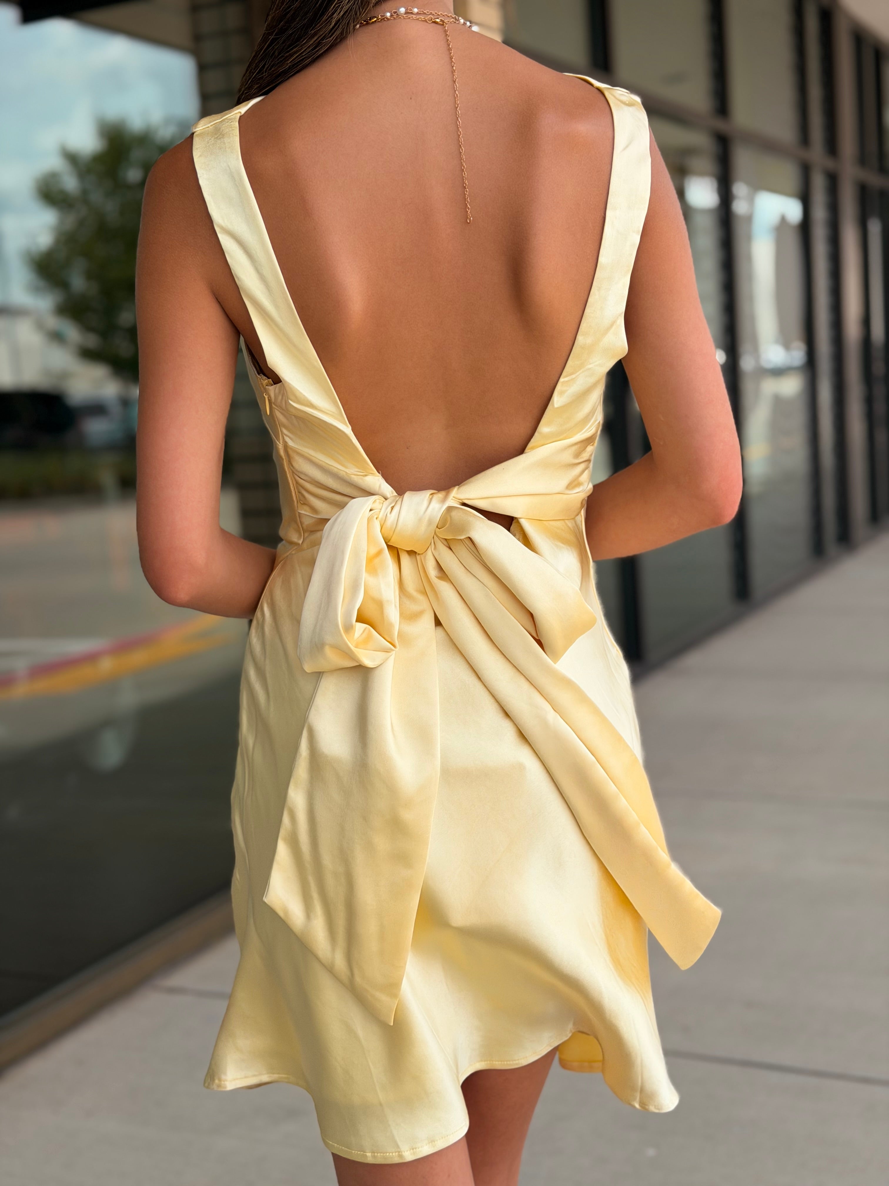Cataleya Light Yellow Satin Tie Back Mini Dress