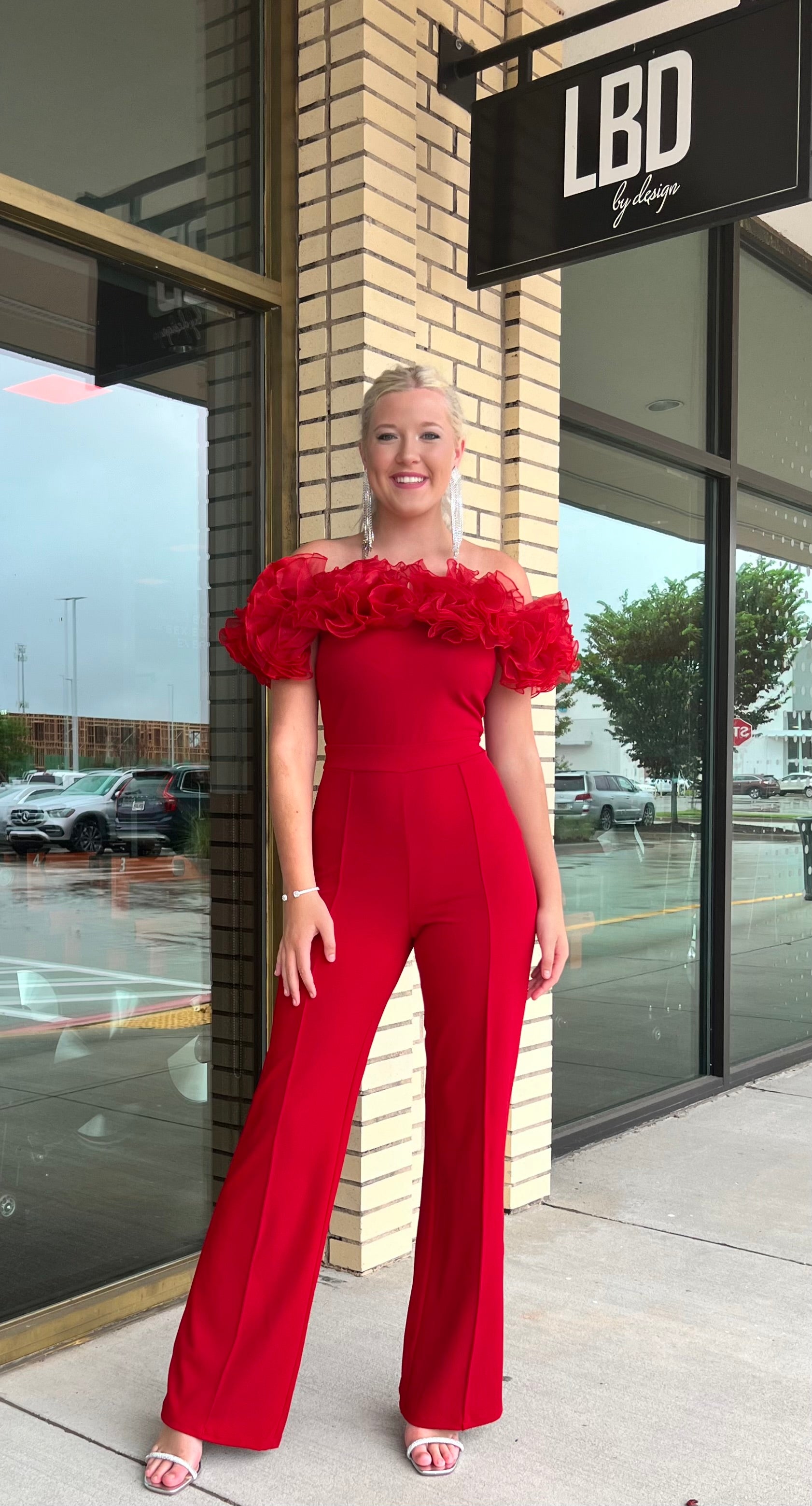 Rhodes red carnation detail off shoulder jumpsuit