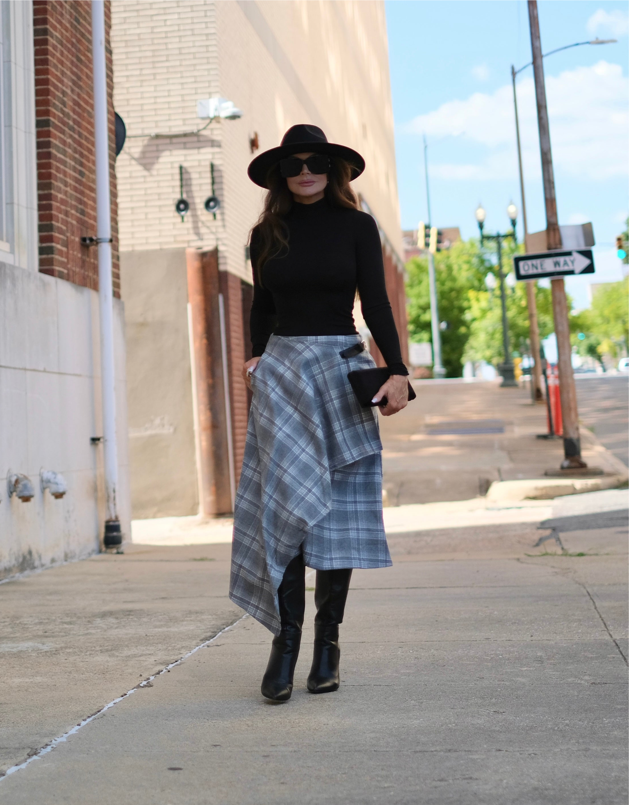 Sophie Grey Long Plaid Wrap Skirt with Buckle Detail