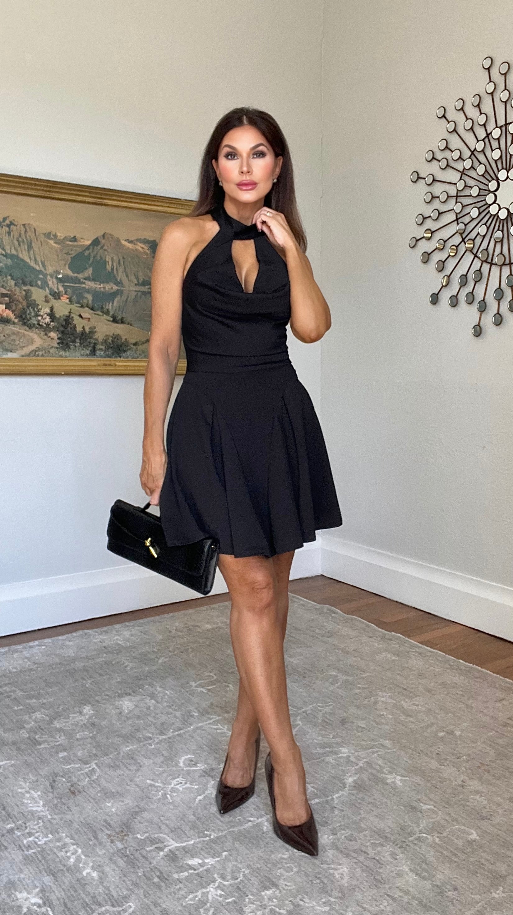 Kendra Black Drape Neck Pleated A Line Mini Dress