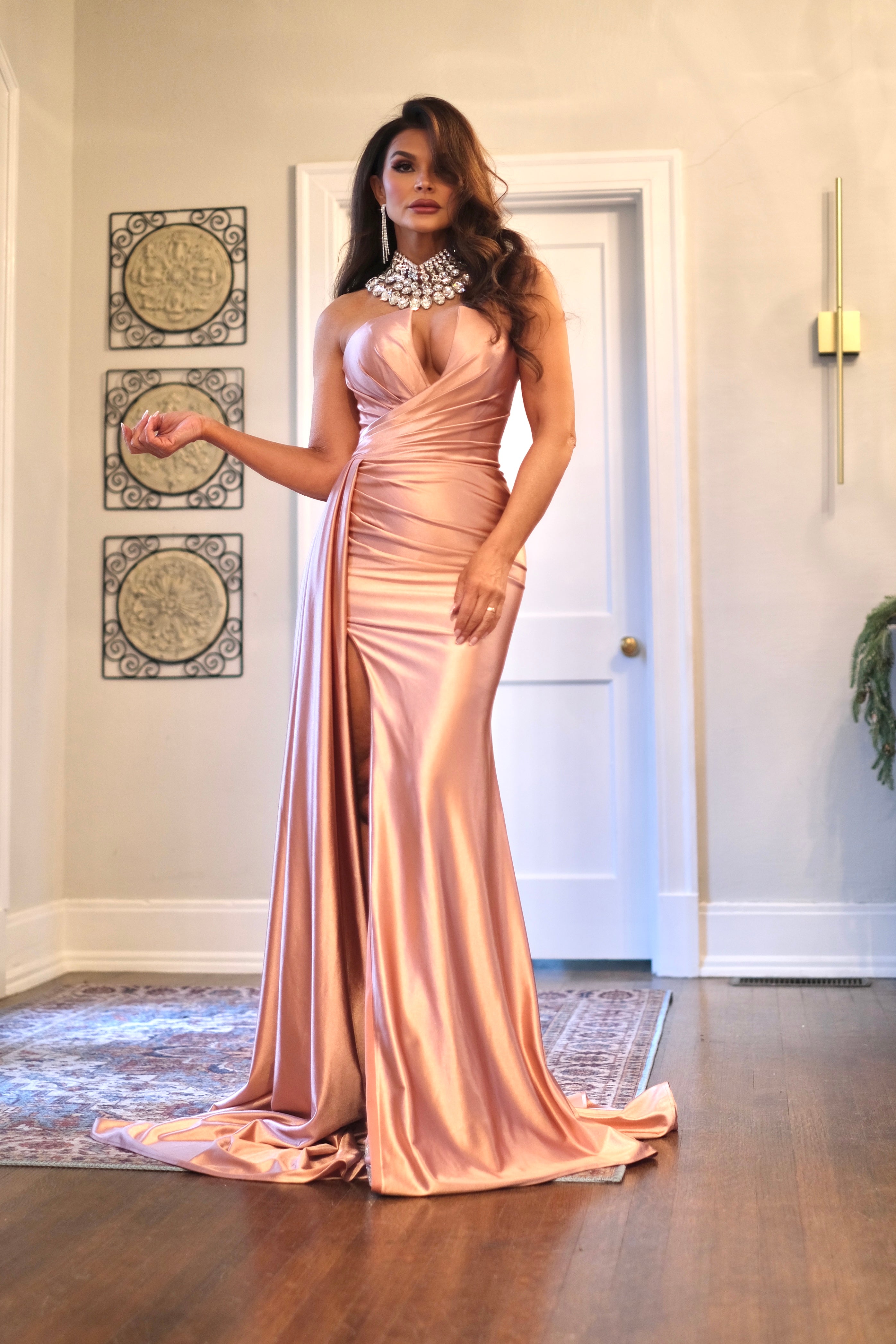 Sasha Copper Strapless Satin Formal With Ruched And Sash Detail