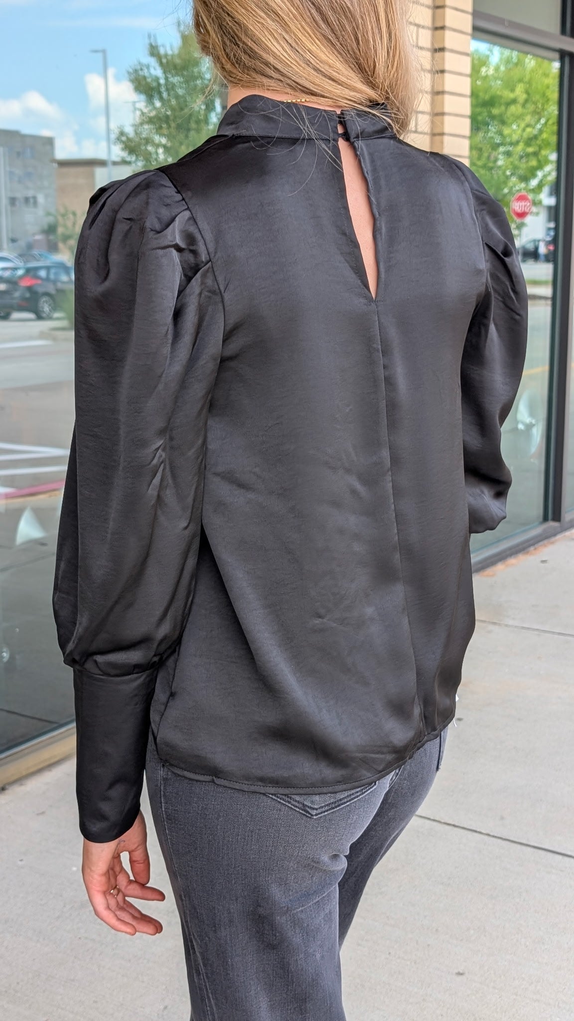 Corey Black Cowl Neck Blouse with Long Lantern Sleeve