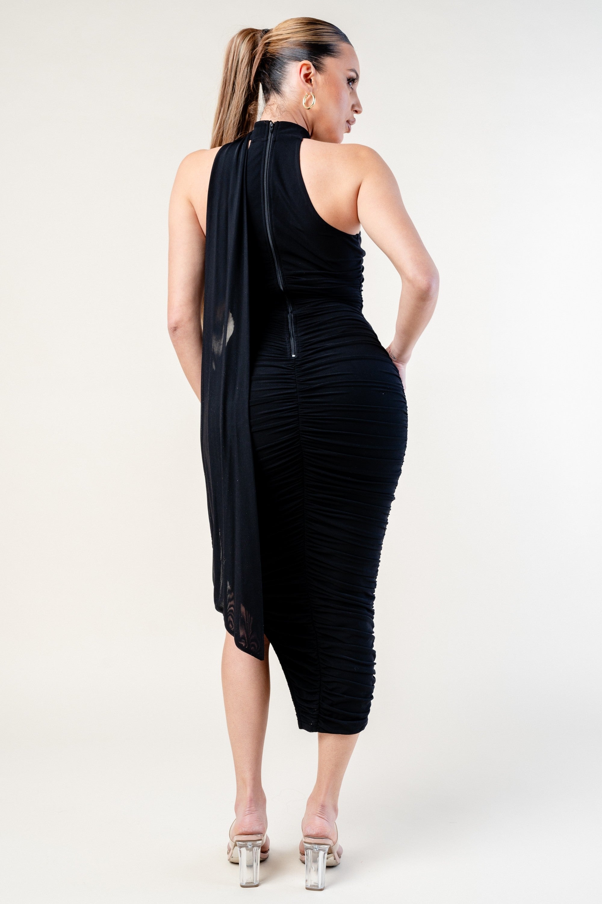 Rebel black mesh ruched halter neck midi dress