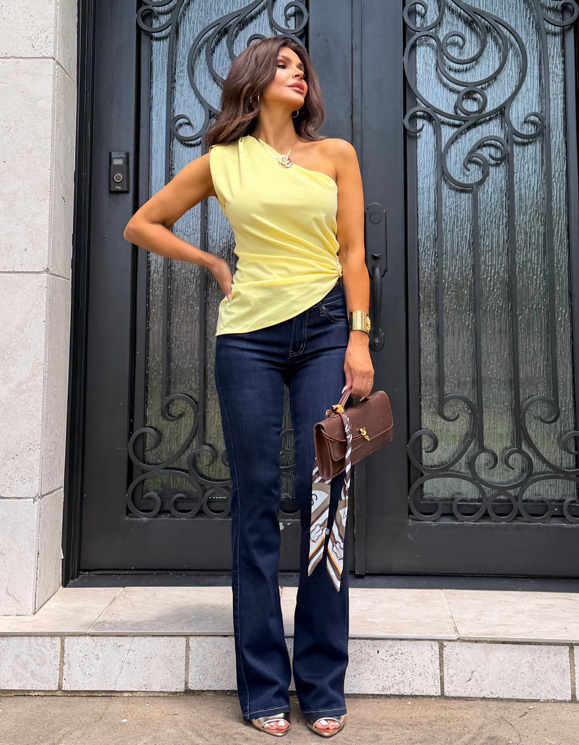 Lyla Yellow Ruched Asymmetric Top