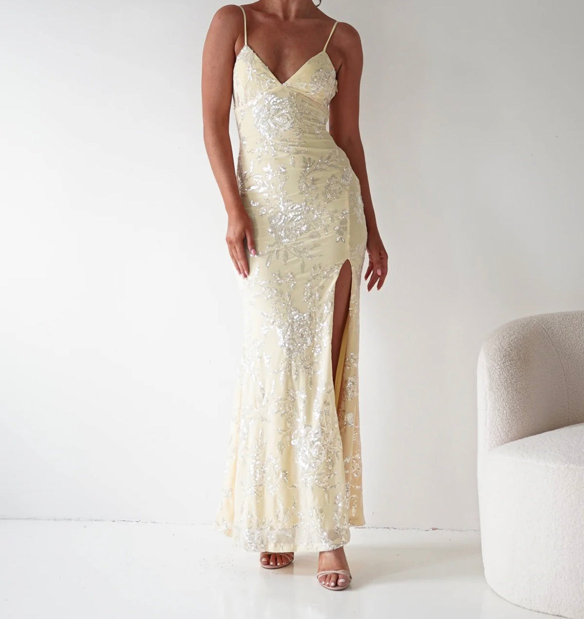 Greta Light Yellow Sequin Butterfly Back Detail Maxi Dress