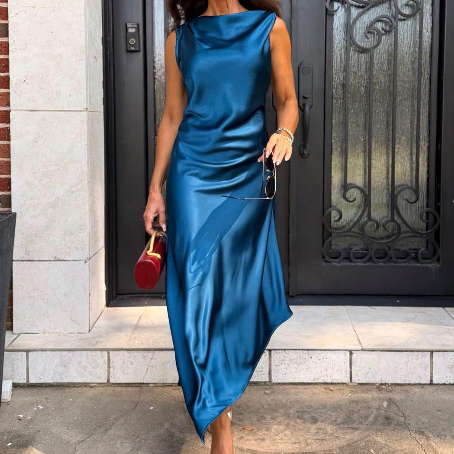 Gabby Teal Cowl Neck Satin Midi Dress
