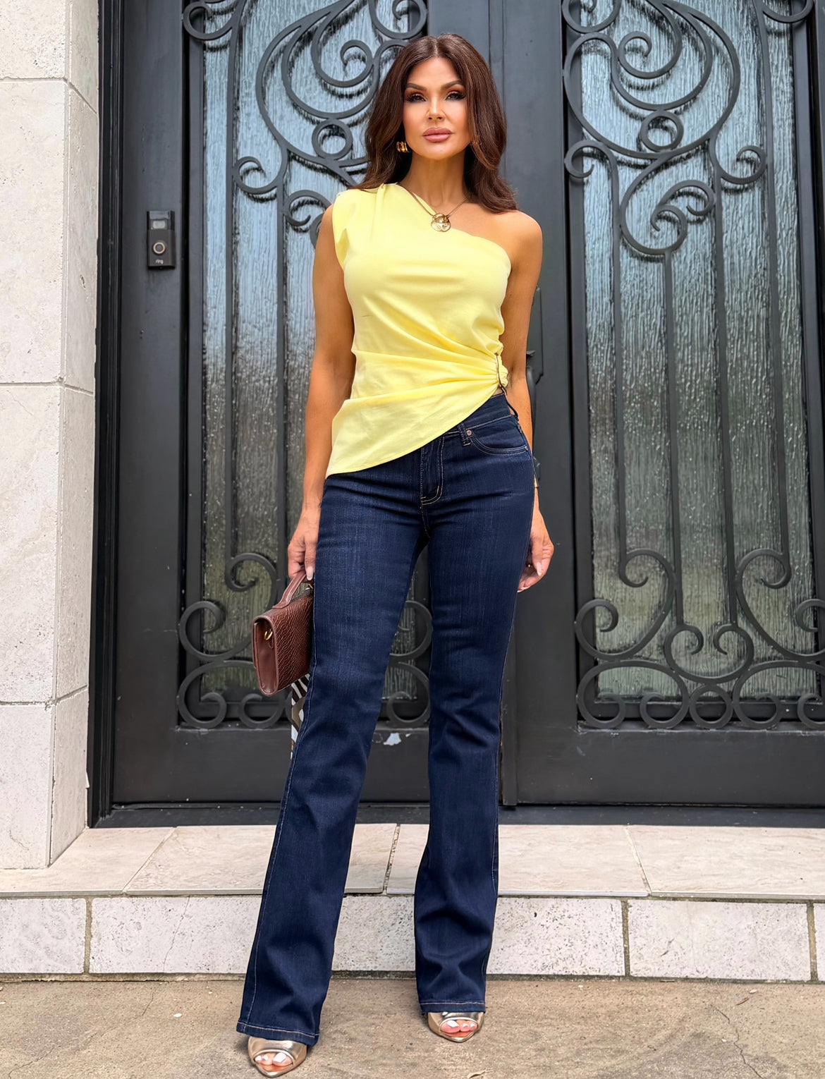 Lyla Yellow Ruched Asymmetric Top