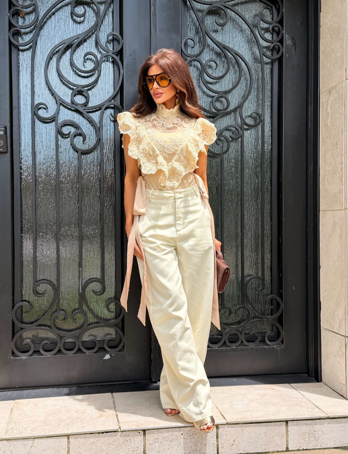 Hattie Beige Sheer Floral Mock Neck Lace Top