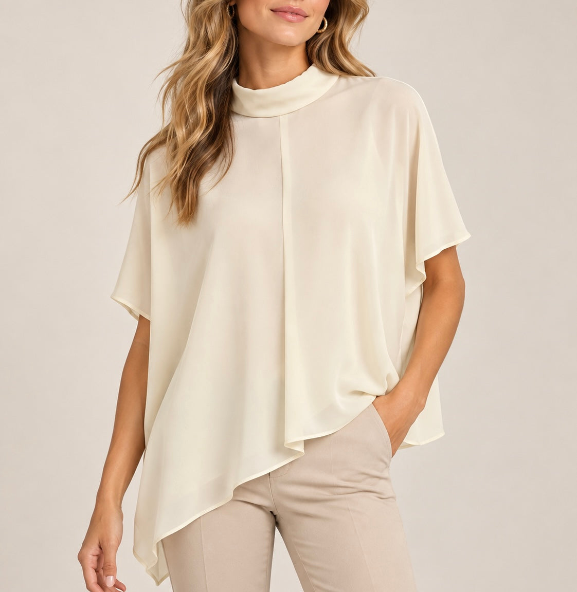 Darya Ivory Asymmetric Hem High Neck Top