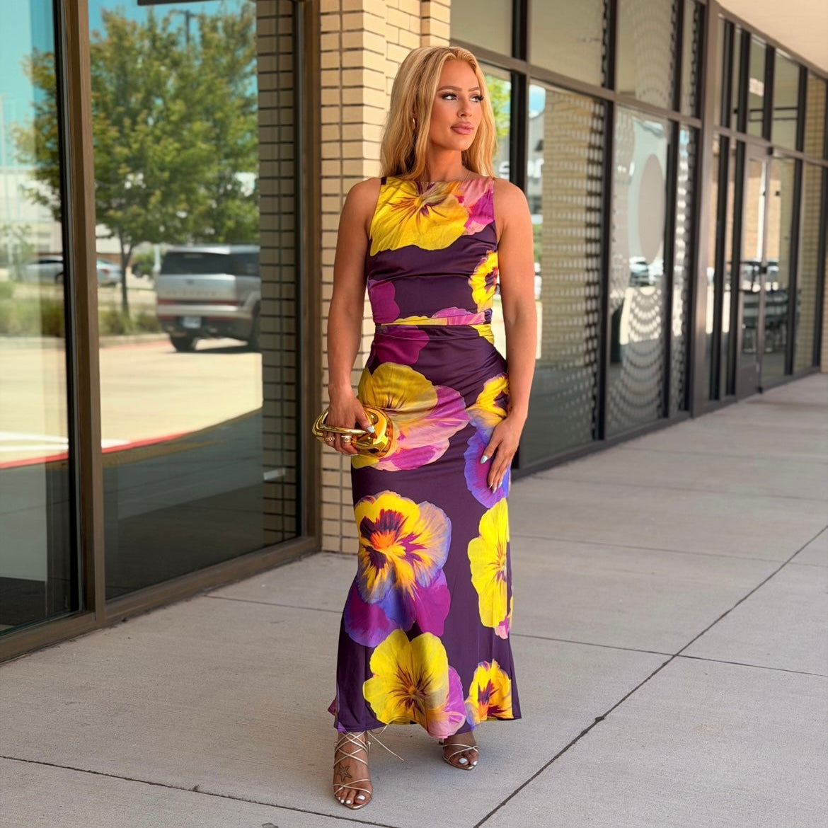 Christine Plum Floral Open Back Midi Dress
