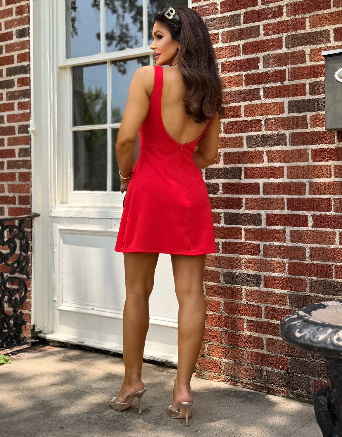 Aniston Red Boat Neck A Line Mini Dress