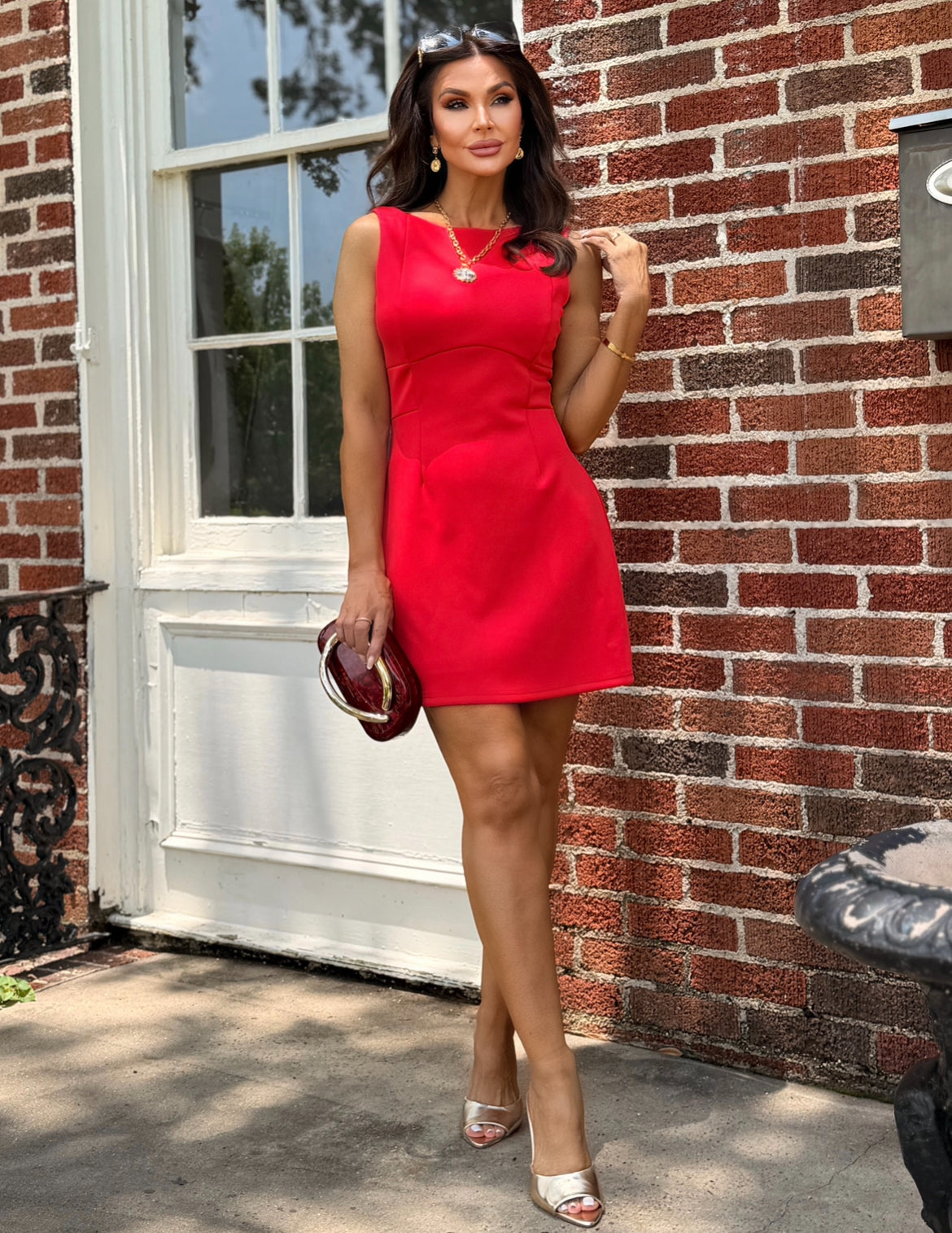 Aniston Red Boat Neck A Line Mini Dress