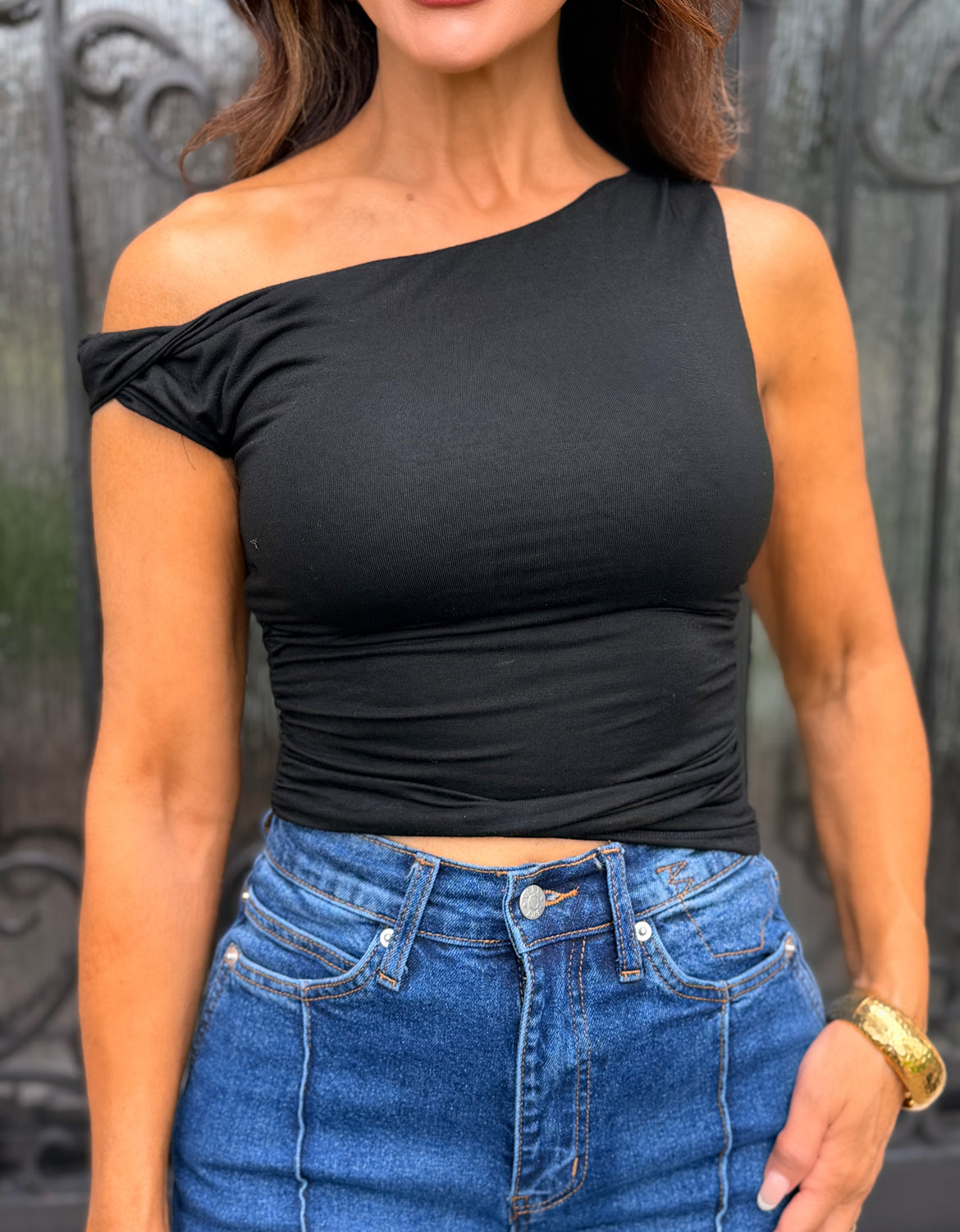 Sonya Black Asymmetric Slim Fit Top