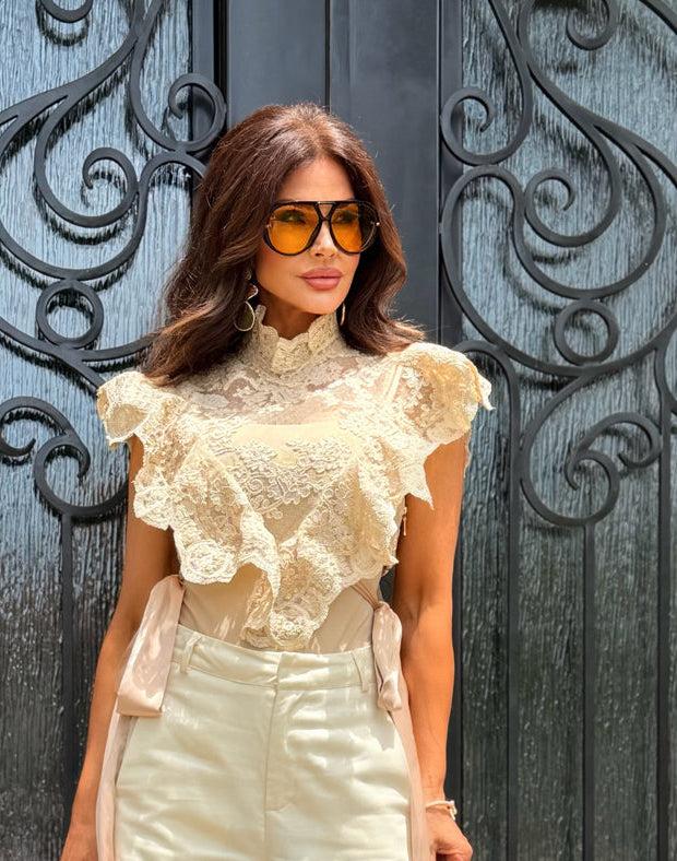 Hattie Beige Sheer Floral Mock Neck Lace Top