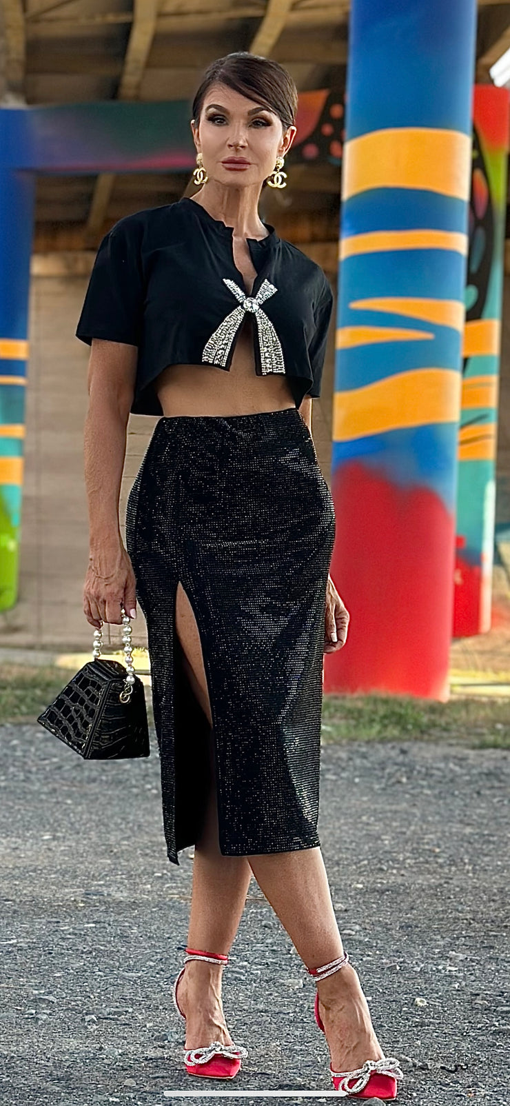 Starlet Black on black rhinestone skirt w/ slit