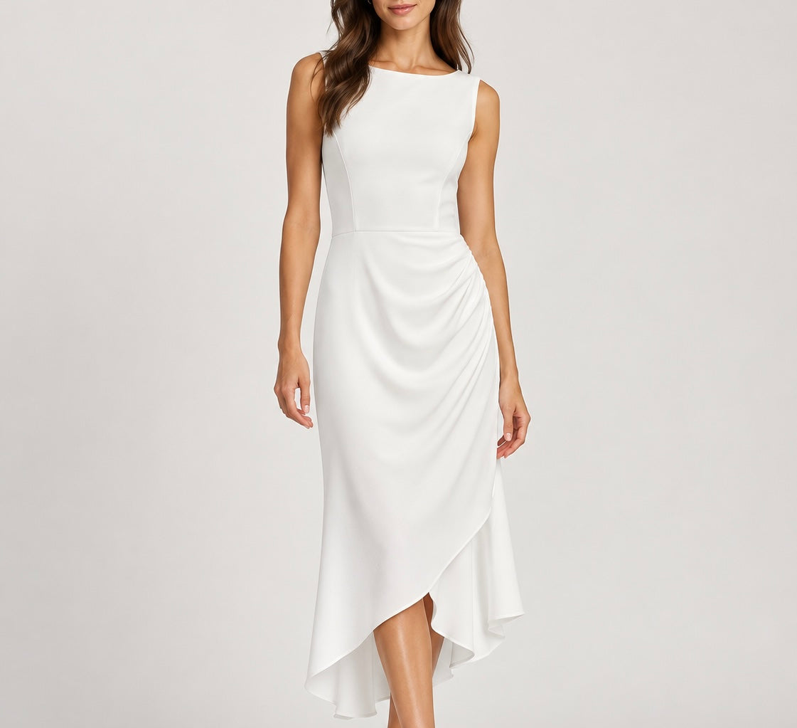 Ava Ivory Ponte Ruched Midi Dress