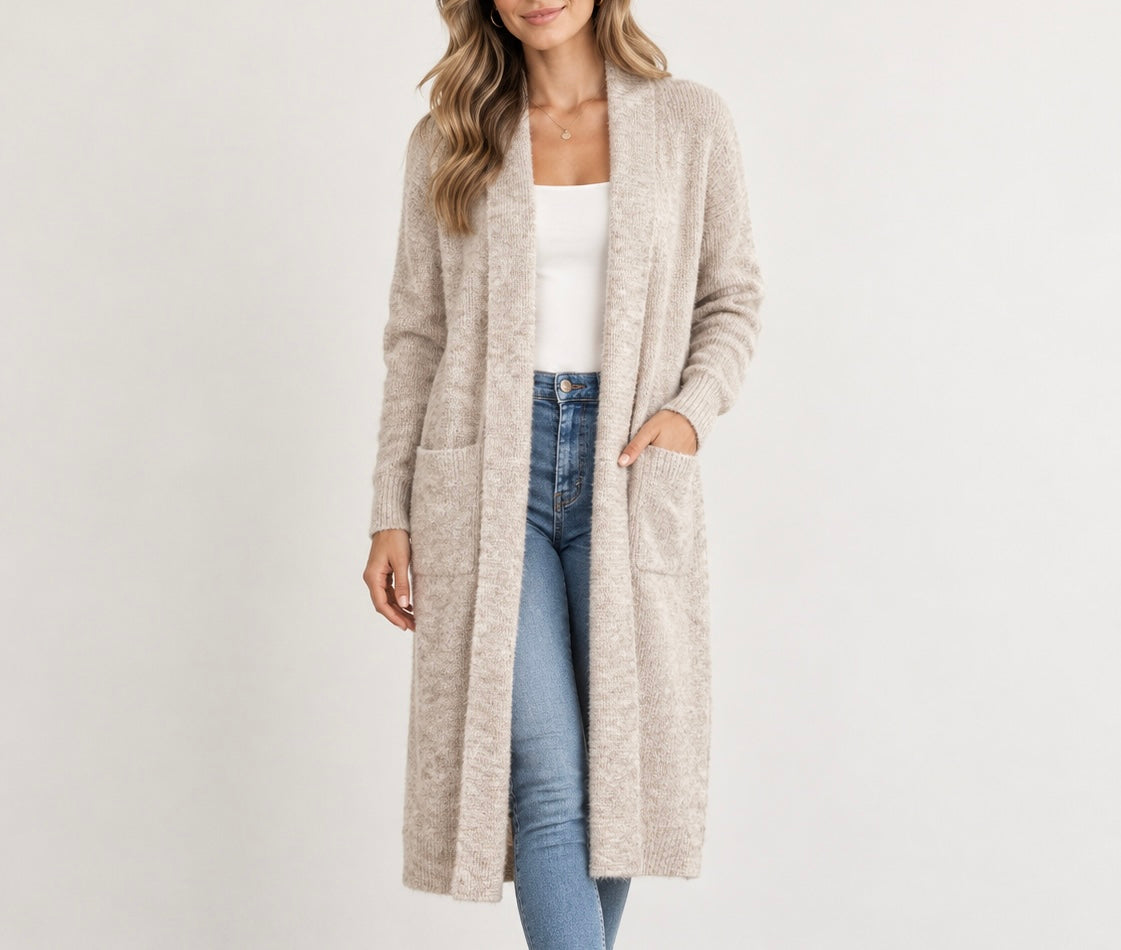 Petra Light Taupe Ribbed Knit Long Cardigan Jacket