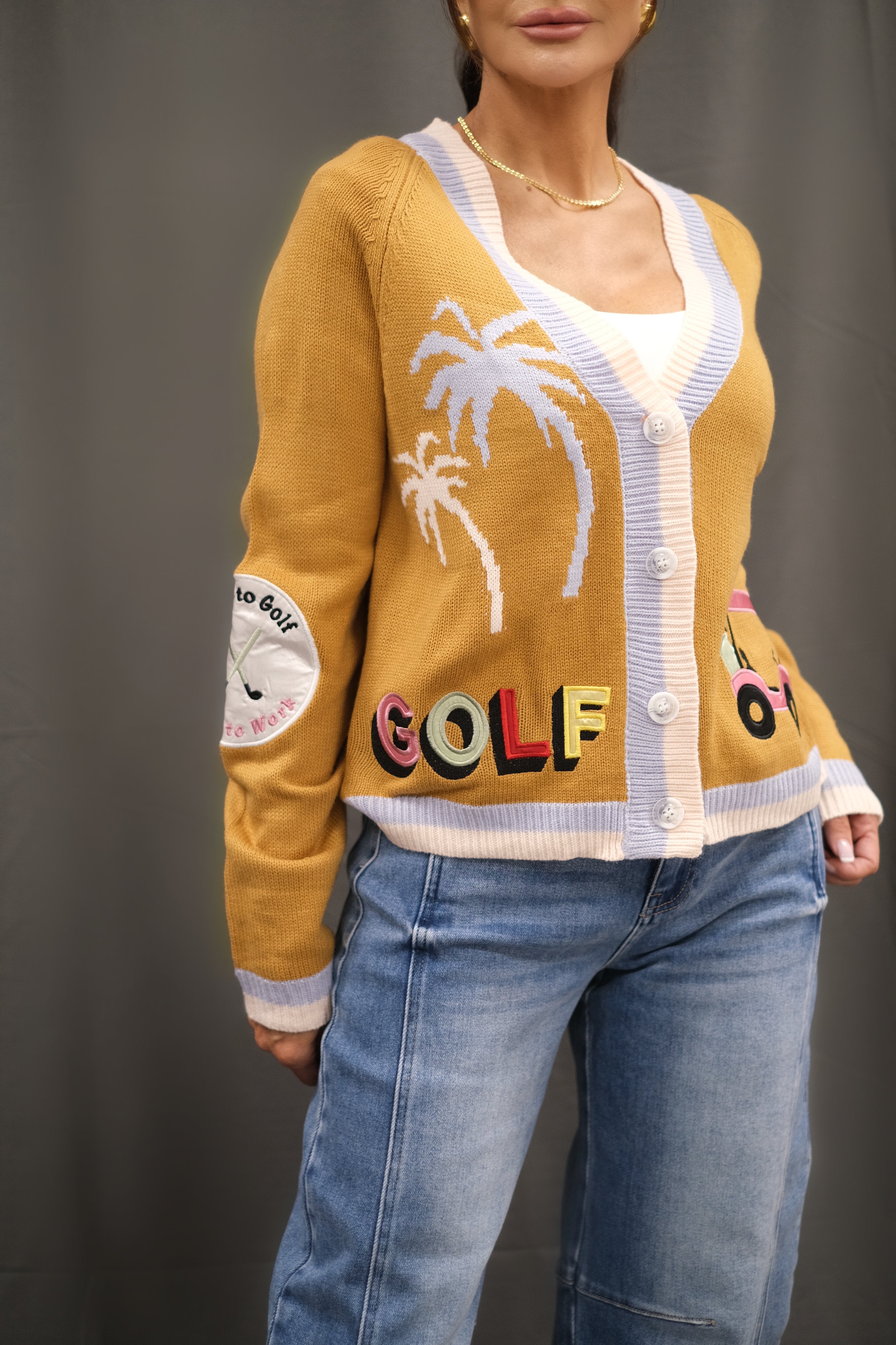 Womens Gold Golf Cardigan Front