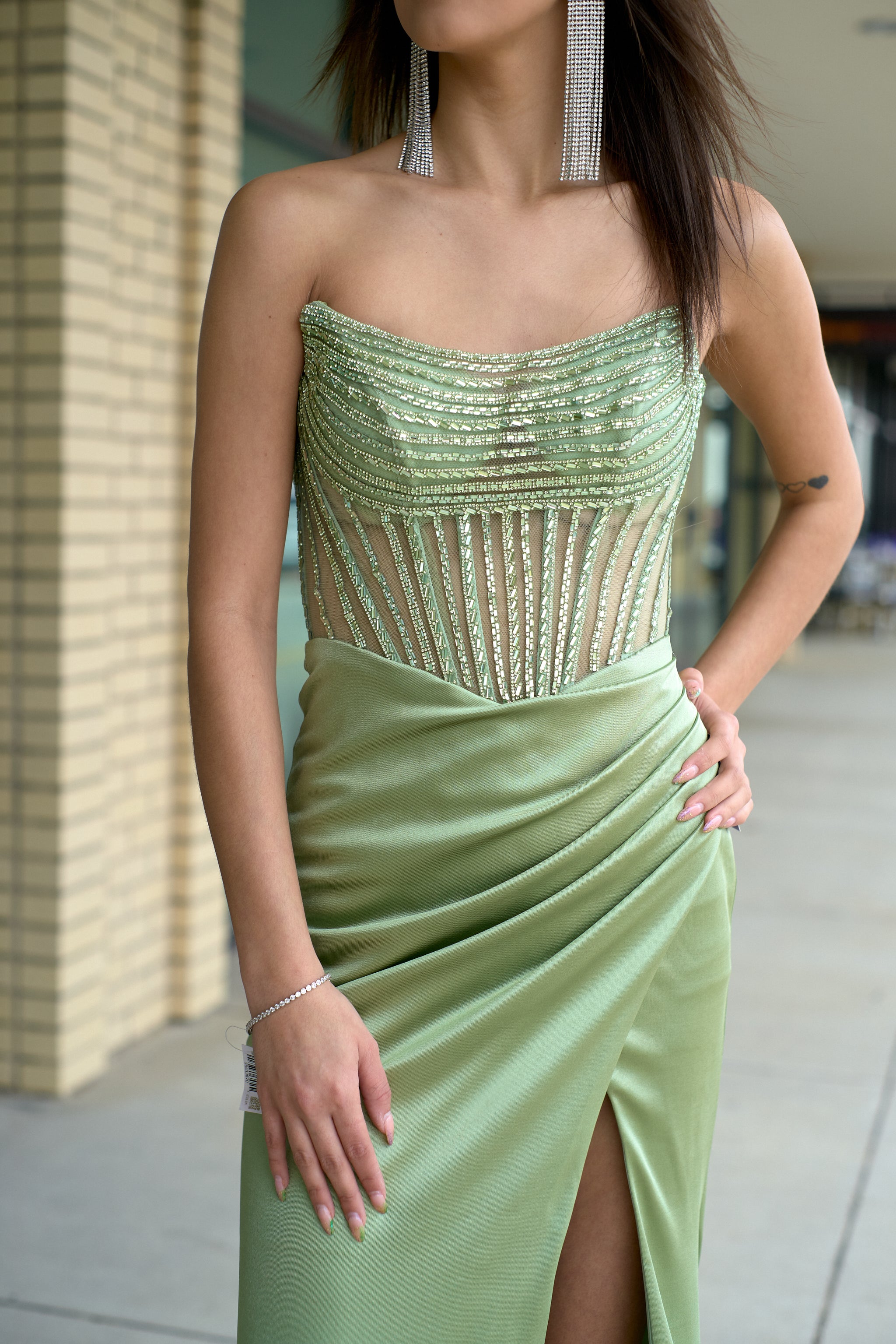 Patrice Deep Sage Strapless Satin And Crystal Corset Bodice Front Slit Formal Gown