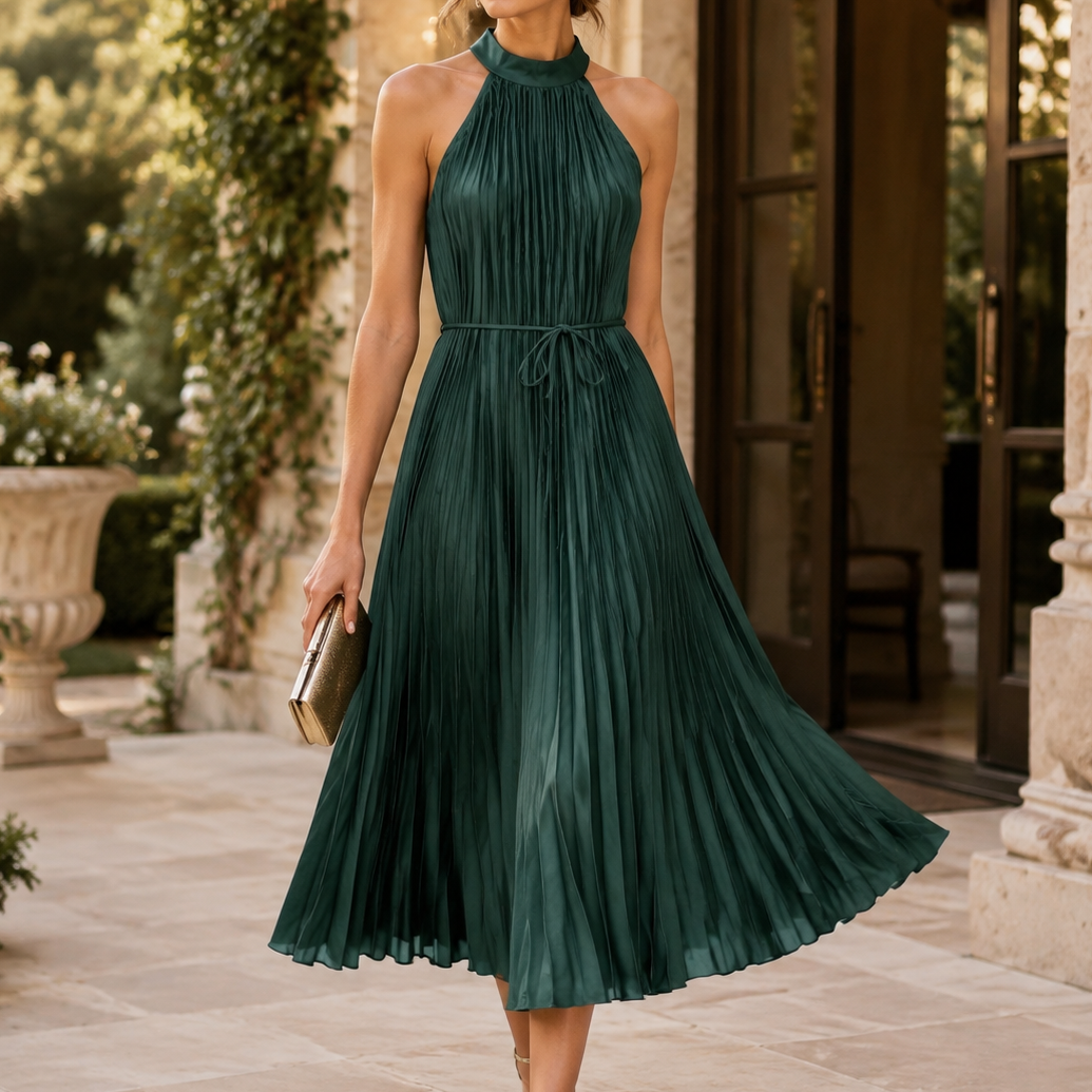 Cameron Pleated Halter Neck Midi Dress