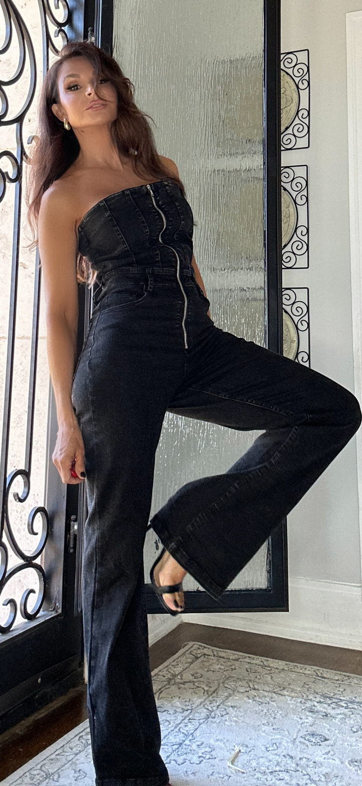 Raven Black Denim Strapless Jumpsuit