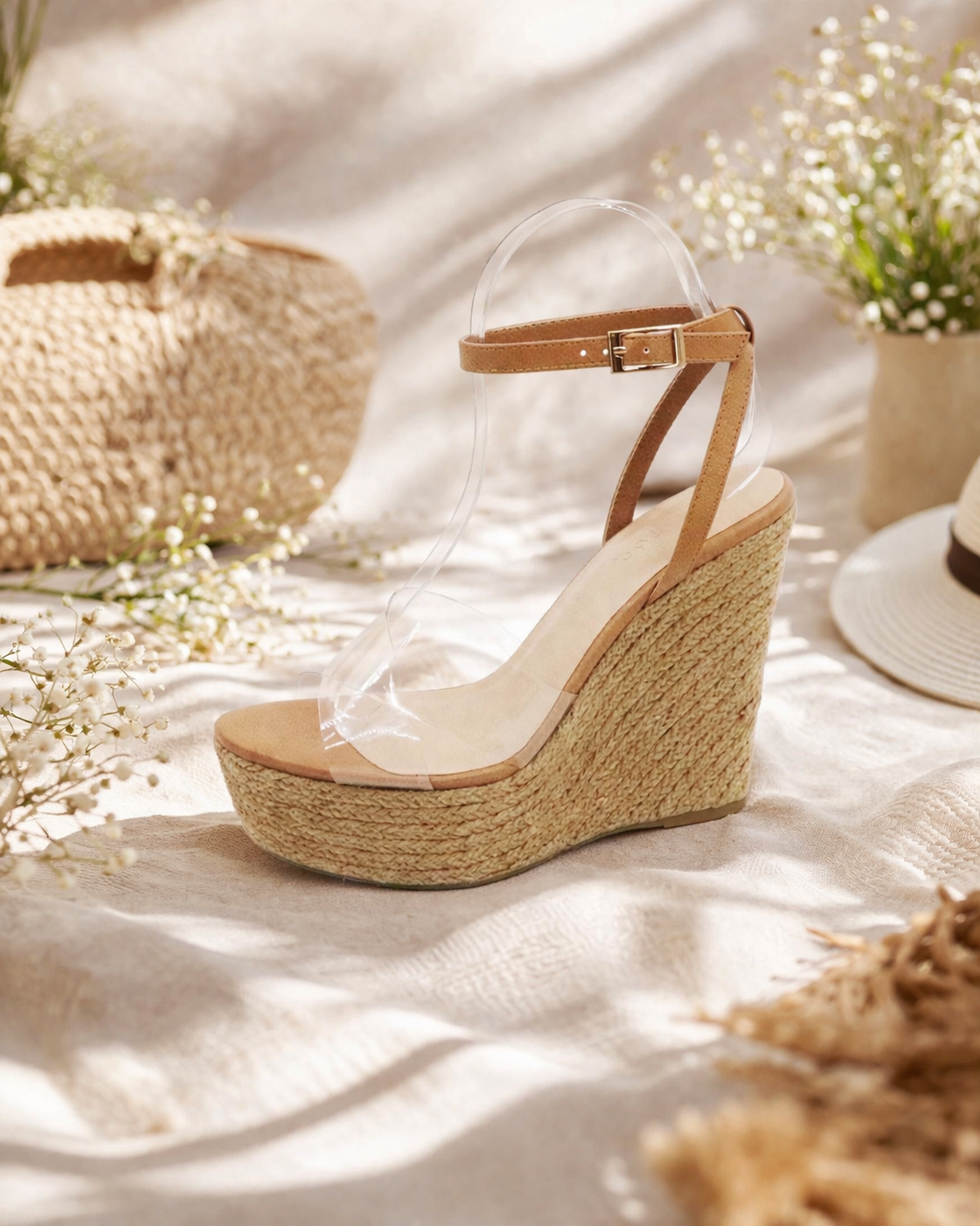 Zelda Nude Clear Cork Wedge Shoe