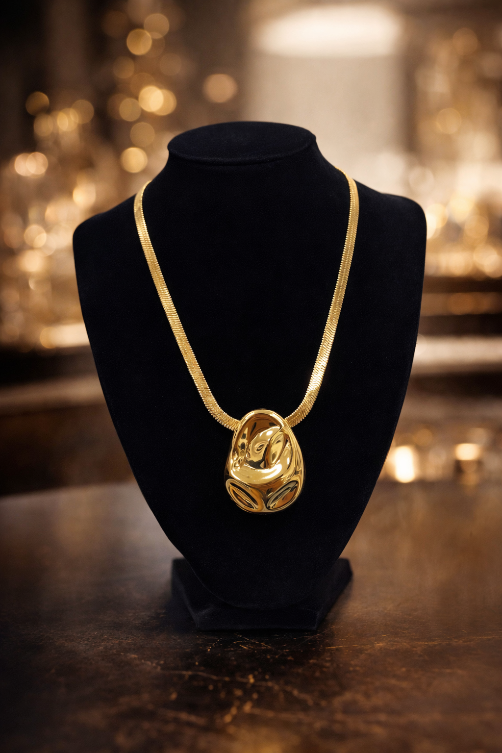 Gold Herringbone Necklace with Abstract Pendant