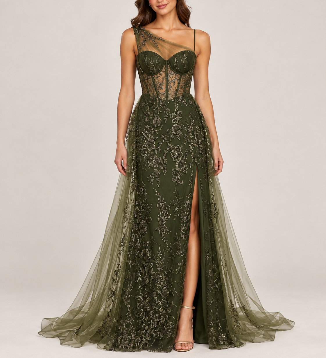 Clara Olive Green Sequin Gown With Tulle Overlay Skirt