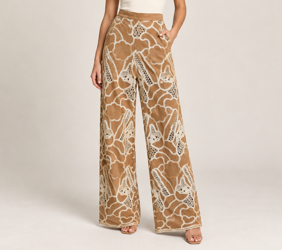 Brylynn Camel Suede Crocheted Pant
