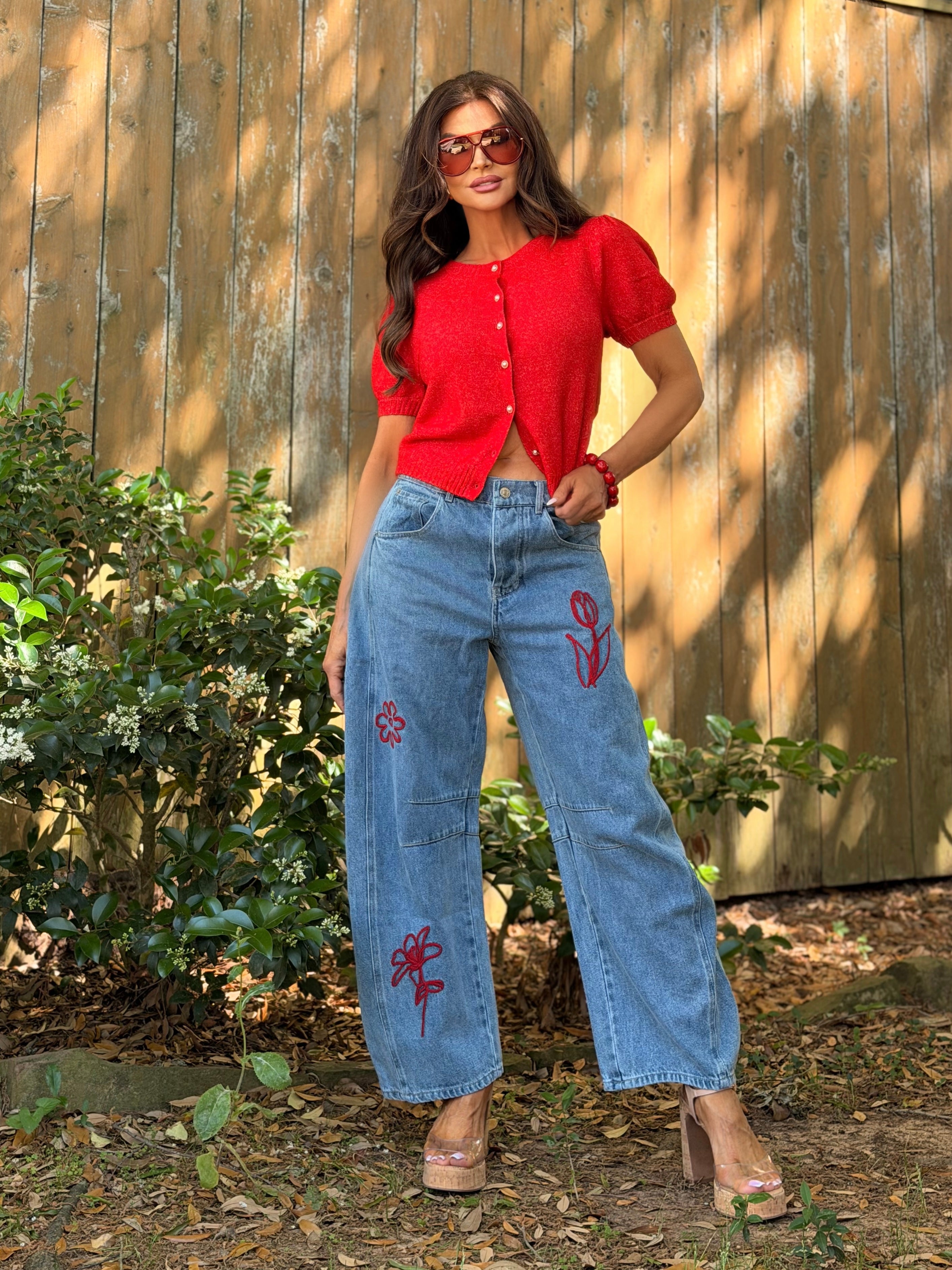 Lindsay Denim Red Floral Embroidered Barrel Jeans