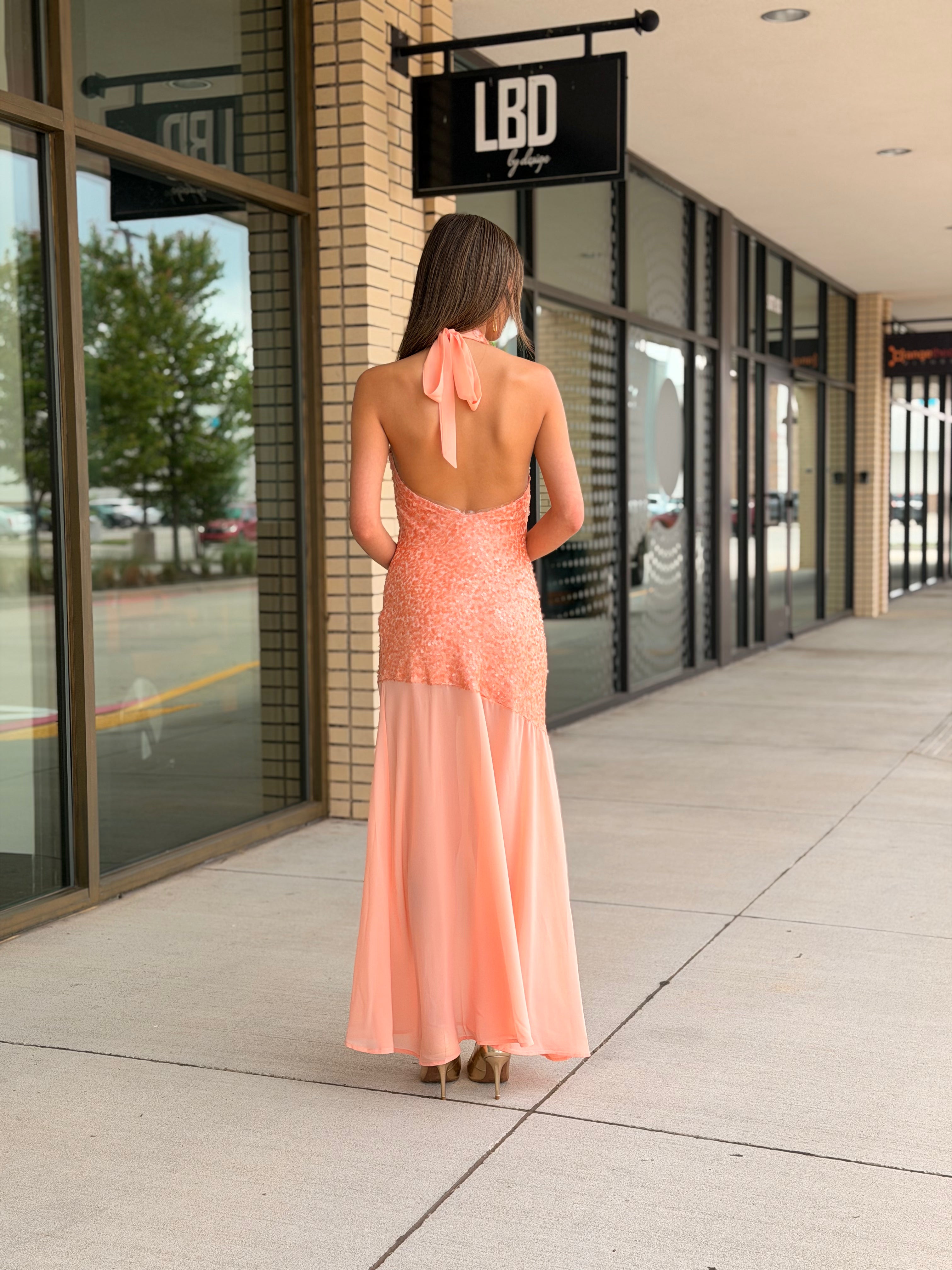 Suzie peach halter sequin maxi dress