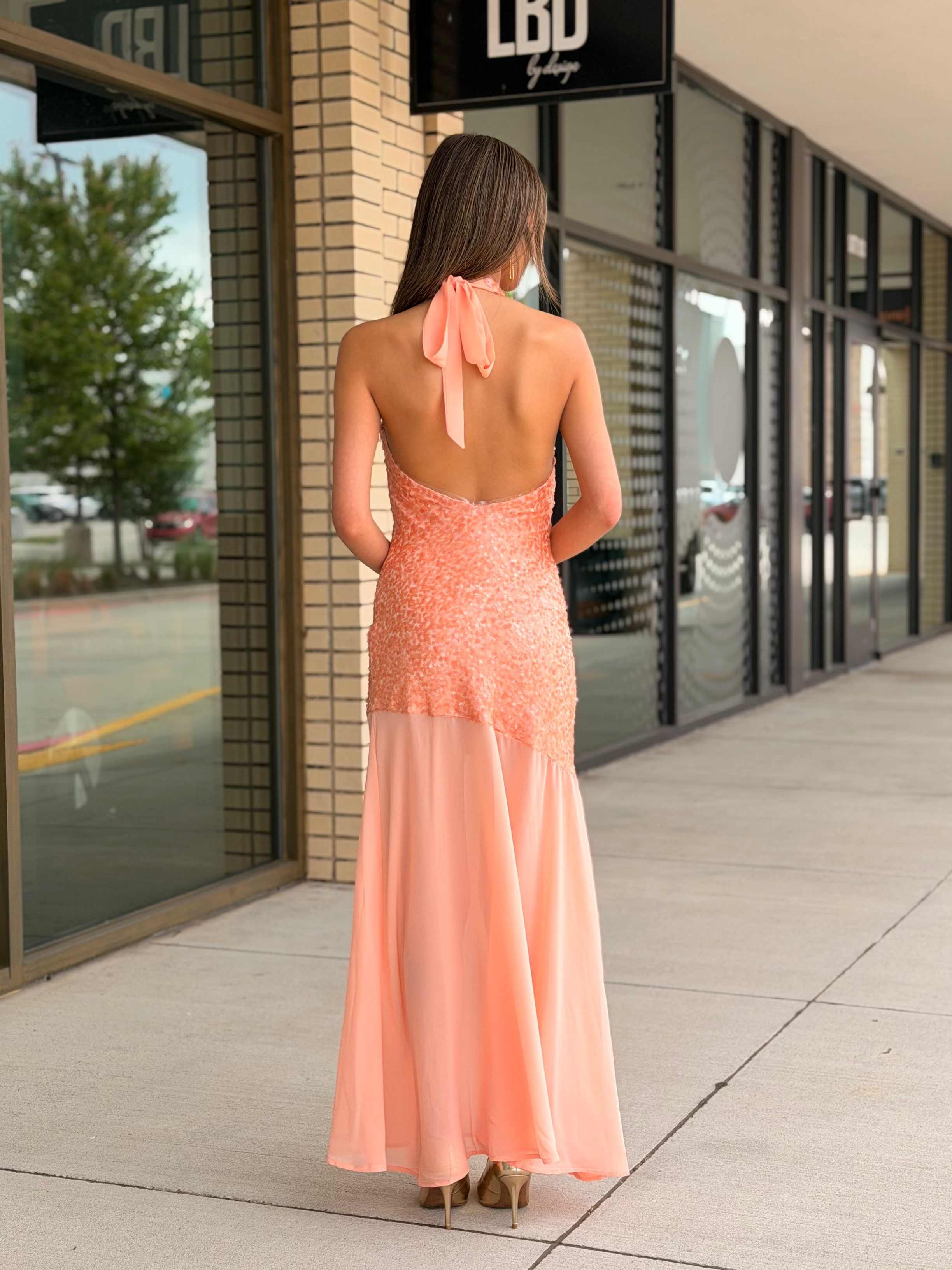 Suzie peach halter sequin maxi dress