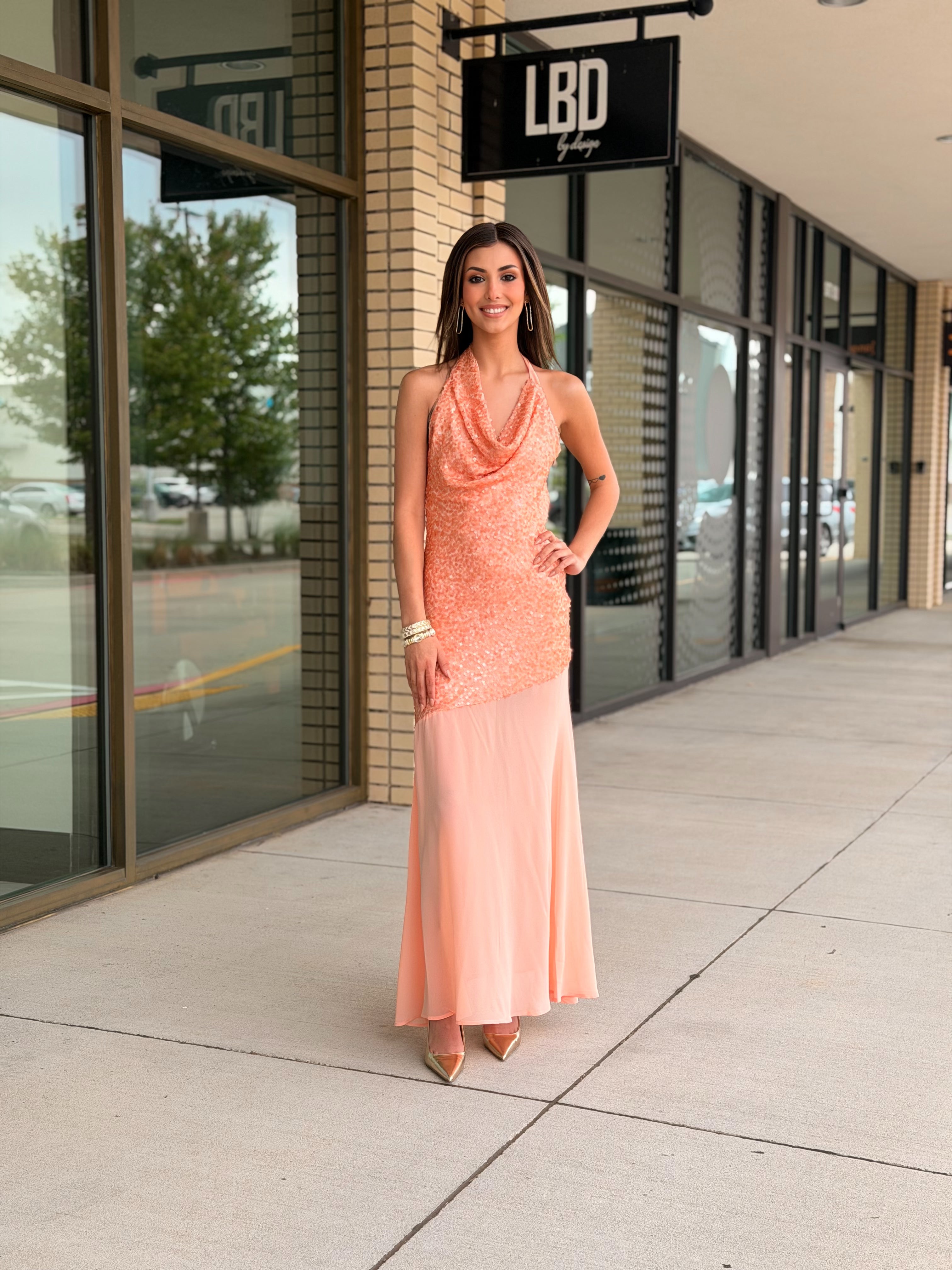 Suzie peach halter sequin maxi dress