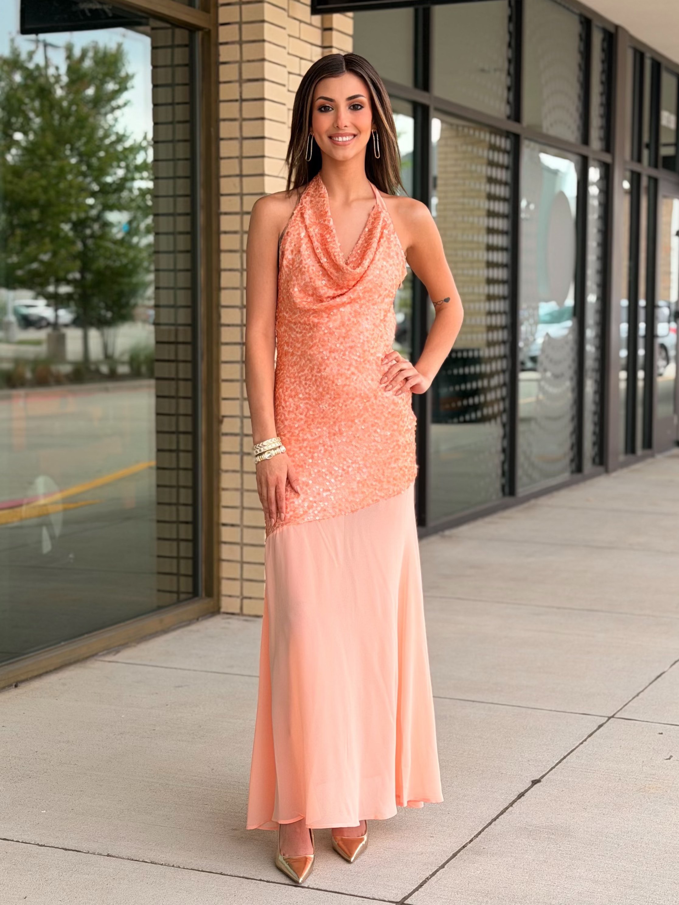 Suzie peach halter sequin maxi dress