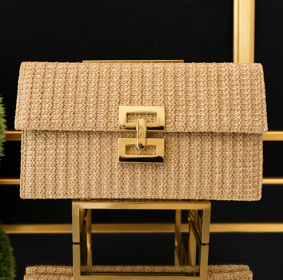 Hayley Khaki Straw Metal Flap Clutch
