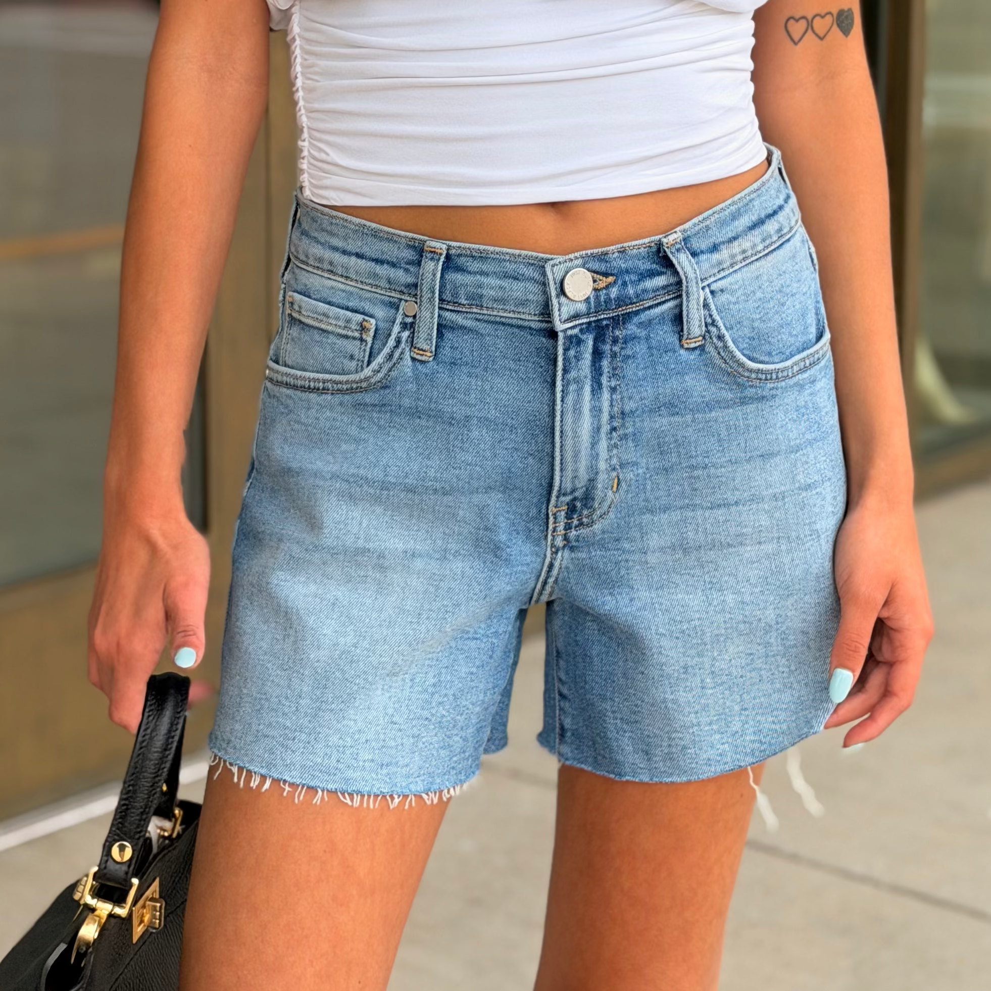 Olivia Medium Wash Denim Cut Off Shorts